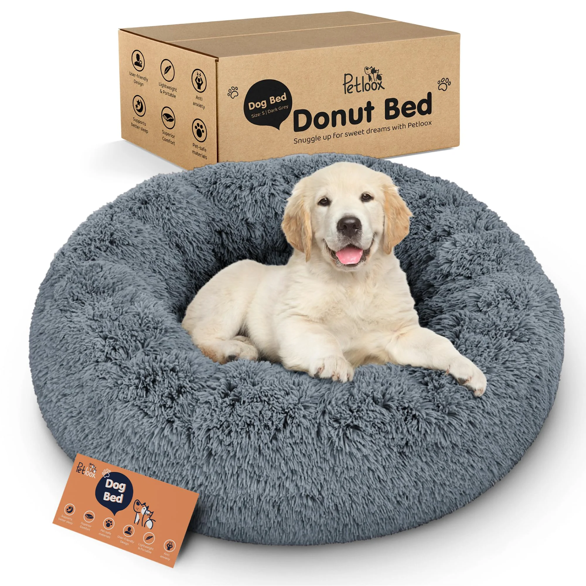 Innovative Petloox Donut Dog Bed - Ultra-Soft Round Bed for Anxiety Relief Size S Dark Grey Selected