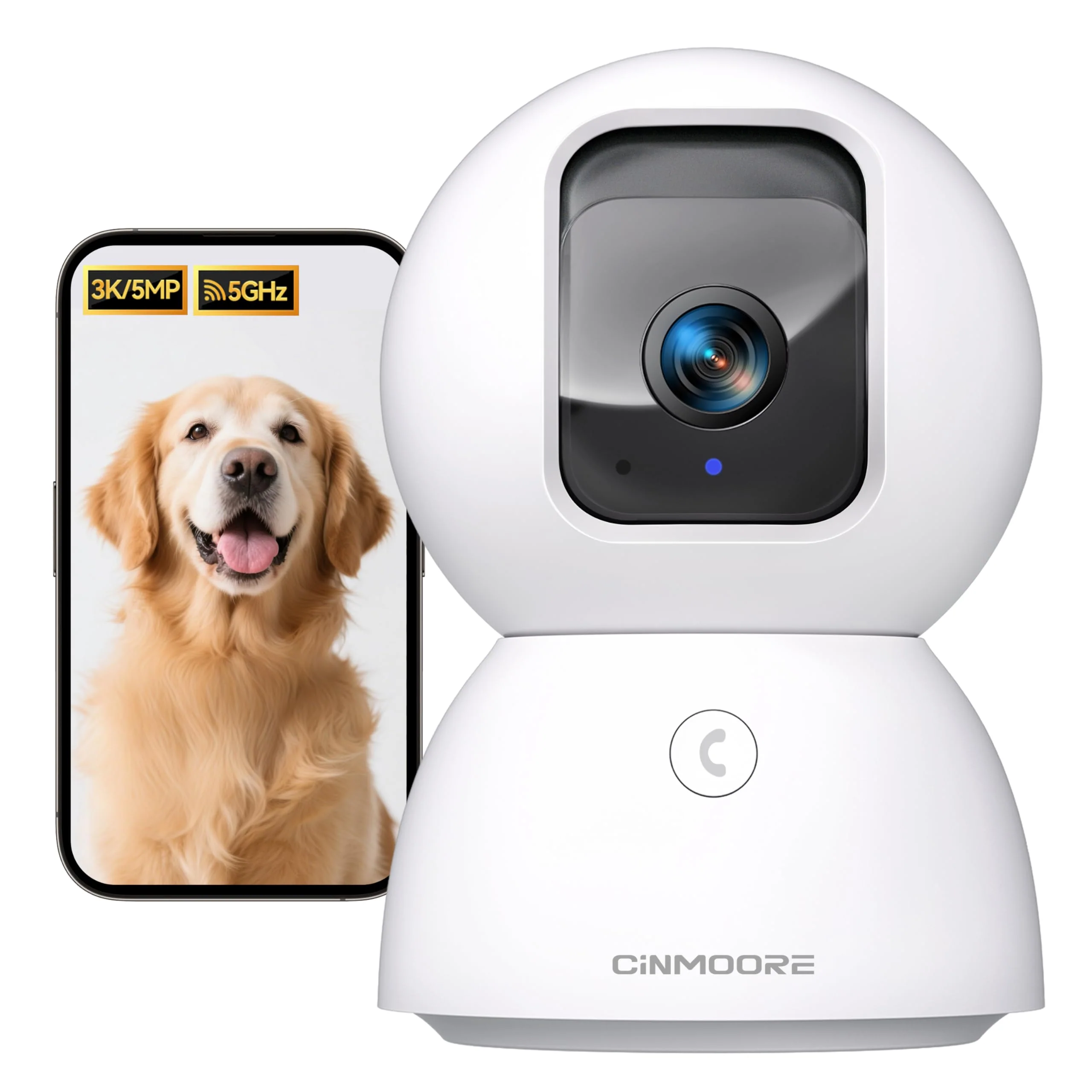 Clean CINMOORE 5G Indoor Security Camera – 3K PTZ Pet Baby Monitor Local AI Tracking 0-Glow Night Vision Pure