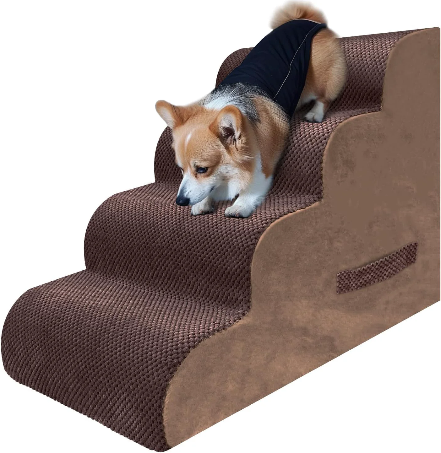 Professional PAWSCART Dog Stairs for Small Dogs and Cats 4-Step Dog Steps for Bed 19.6 H Pet Stairs for High Bed Pet Ramp for Couch Sofa Non-Slip Surface Removable Washable Cover Brown Solid