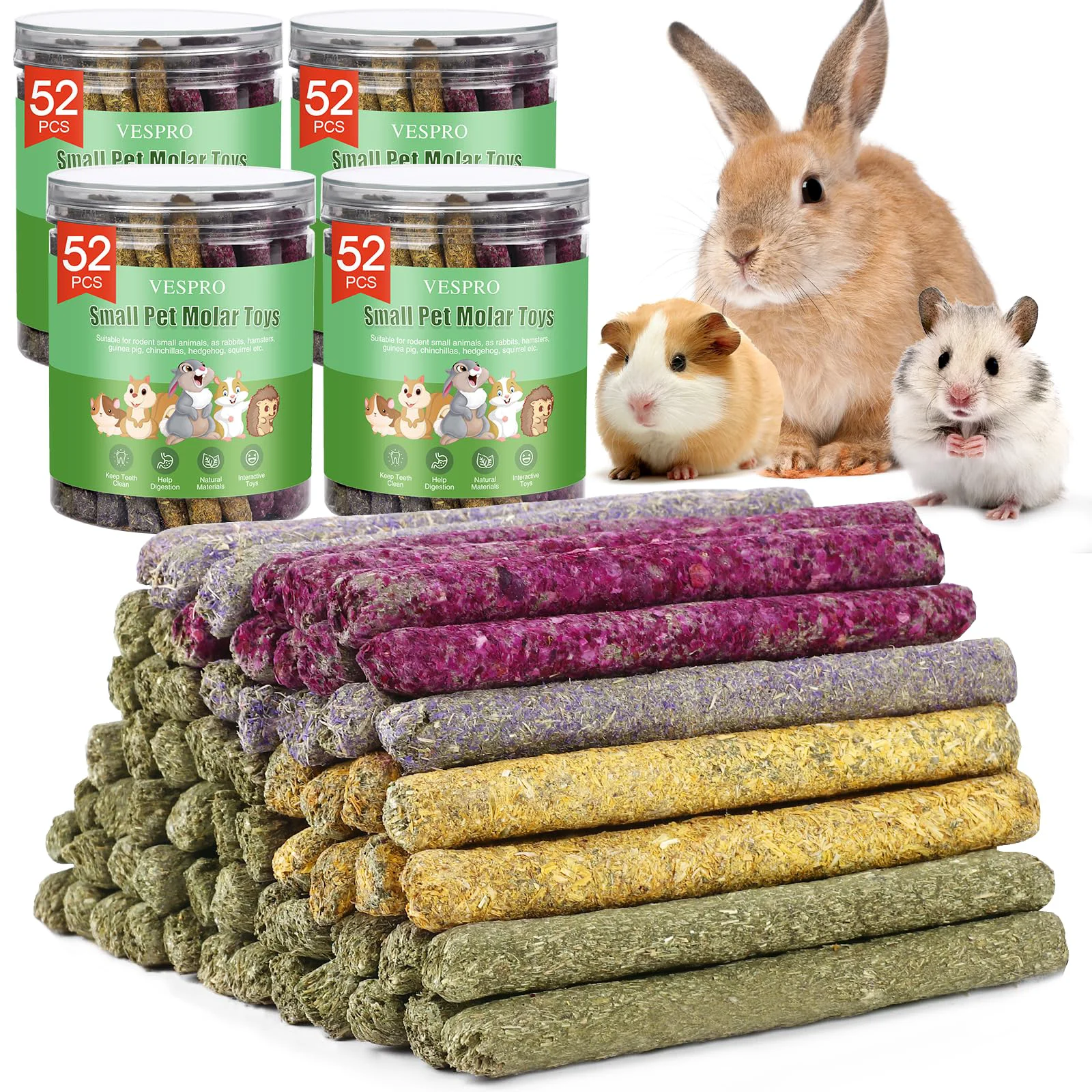 Breathable VESPRO 208Pcs Rabbit Chew Sticks – Natural Timothy Hay with Floral Mix for Small Animals Authentic