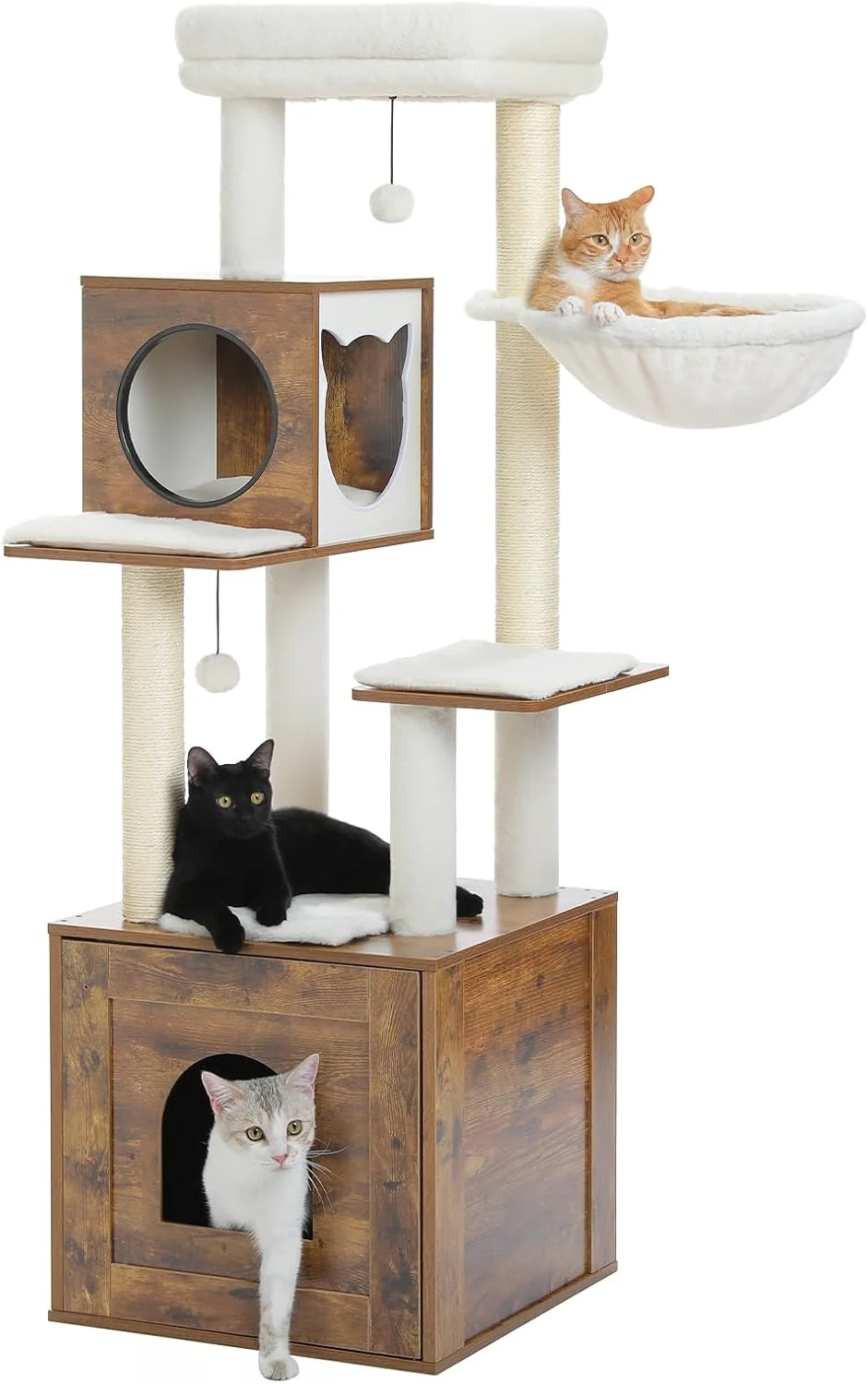 Professional PEQULTI 57.5 Cat Tree with Litter Box Enclosure Large Wood Cat Tower for Indoor Cats with Storage Cabinet and Cozy Cat Condo Sisal Covered Scratching Post and Repalcable Dangling Balls Brown Excellent