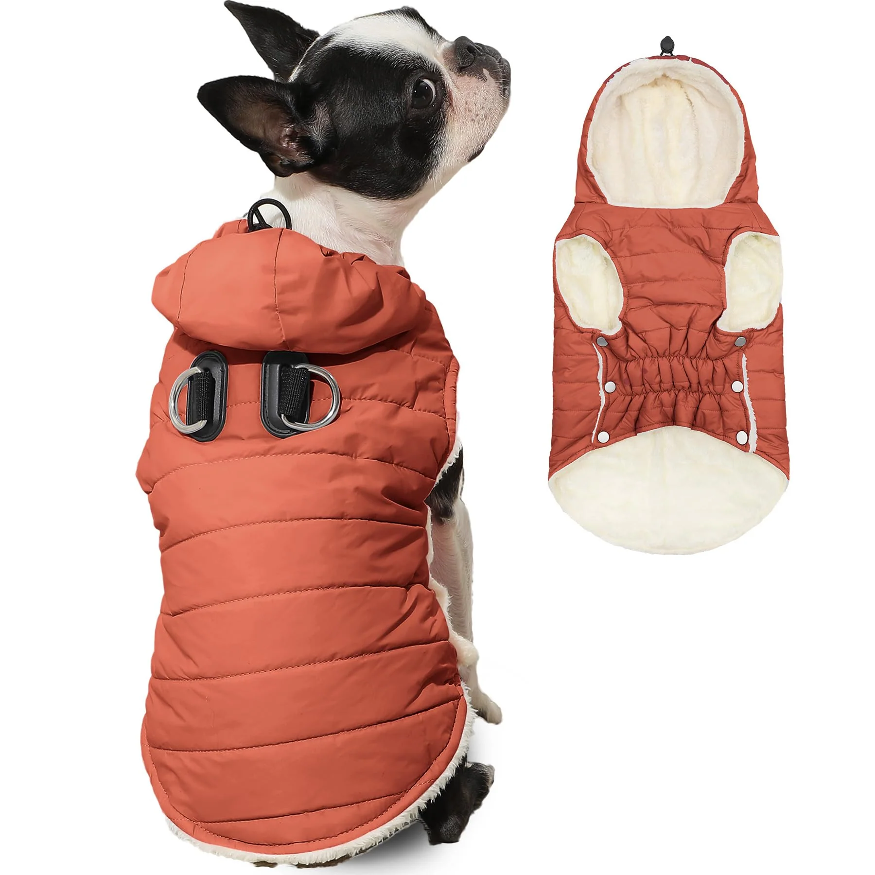 World-Class Vecomfy Fleece-Lining Dog Hoodie with Built-in Harness — Extra Warm Small Dog Coat Orange Casual