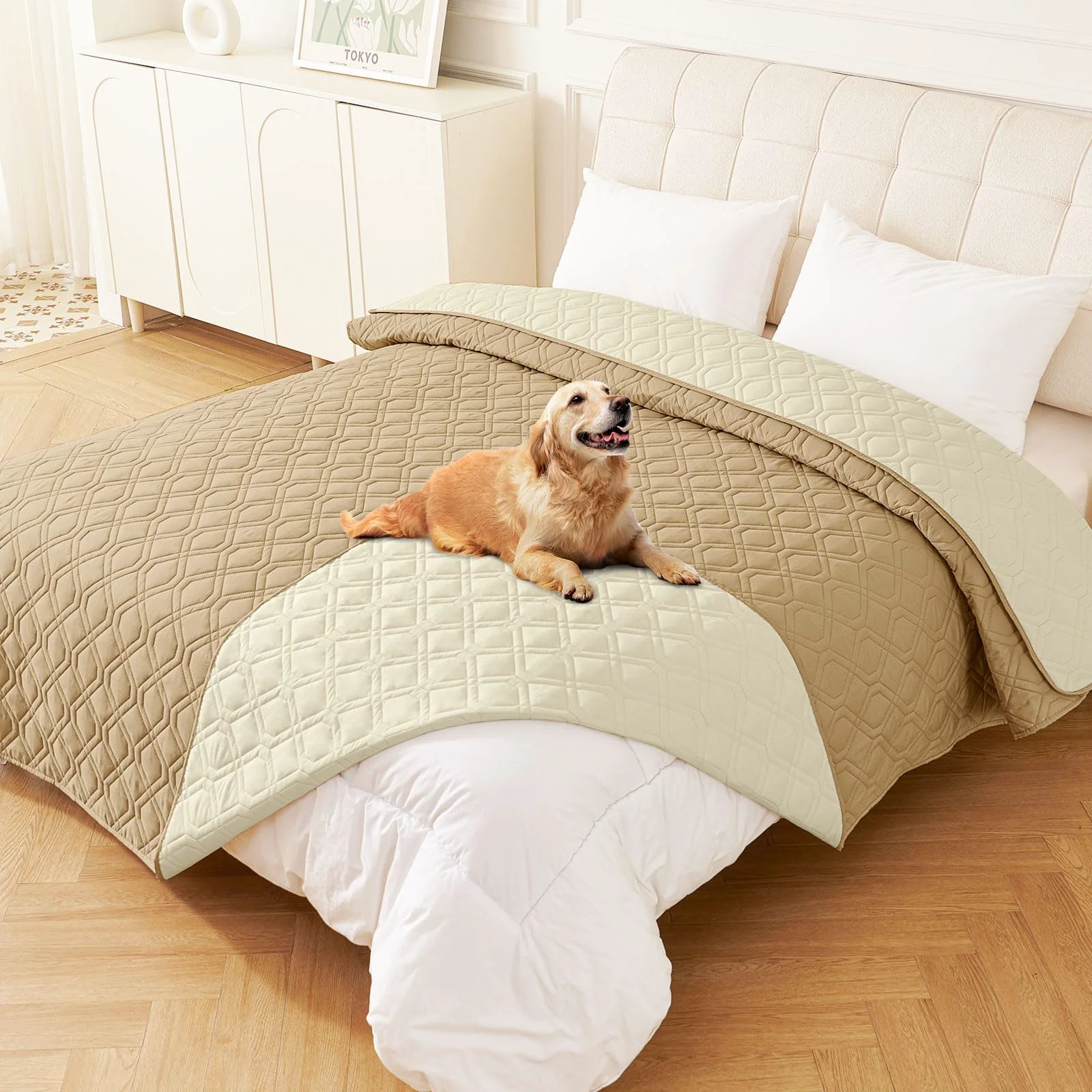 Unique hyha Waterproof Dog Bed Blanket 82x82 in Reversible Couch Cover Camel Beige Consistent