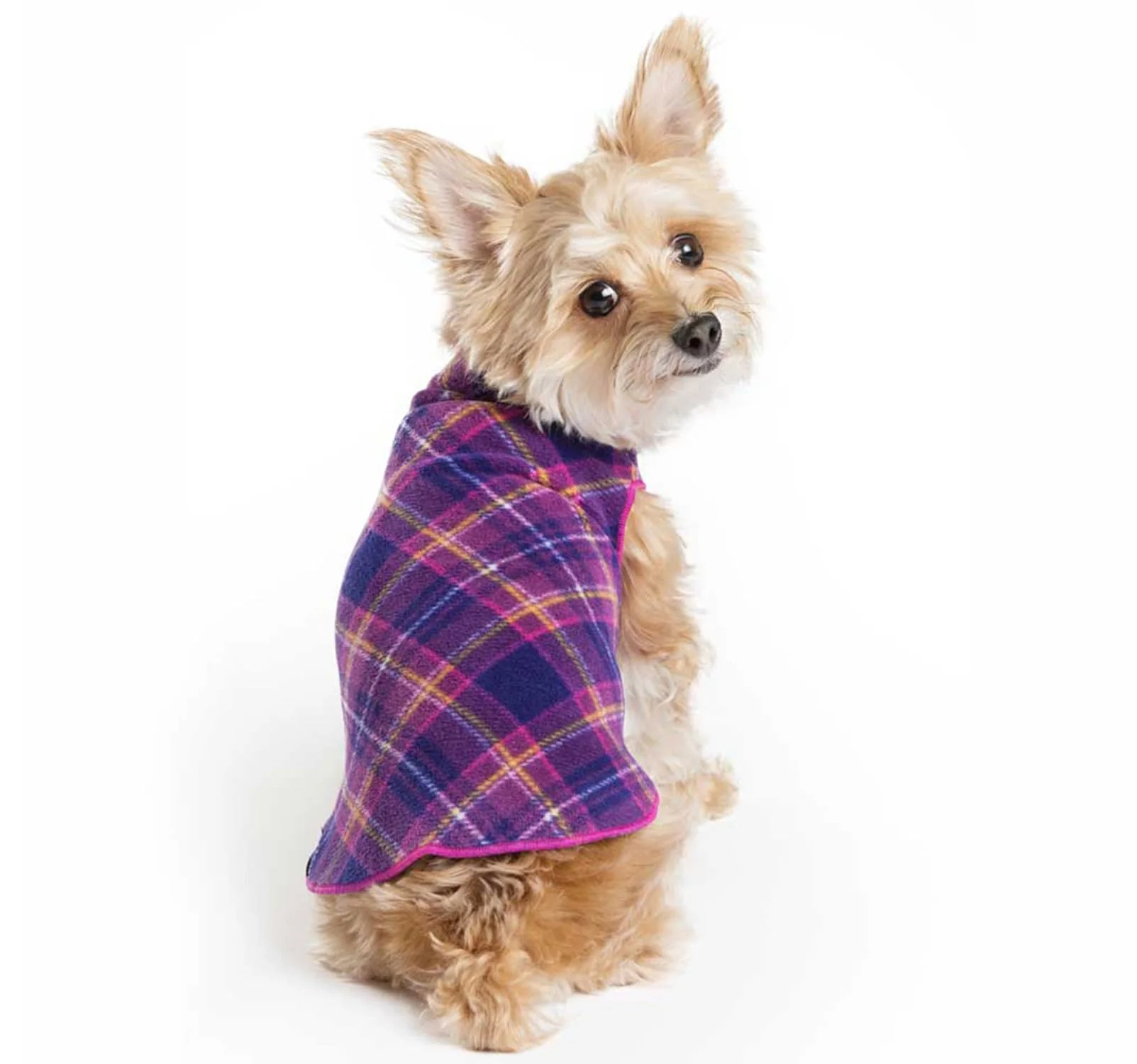 Breathable Gold Paw Stretchy Fleece Jacket for Small Dogs – Mulberry Plaid Size 6 USA-Made Minimalist