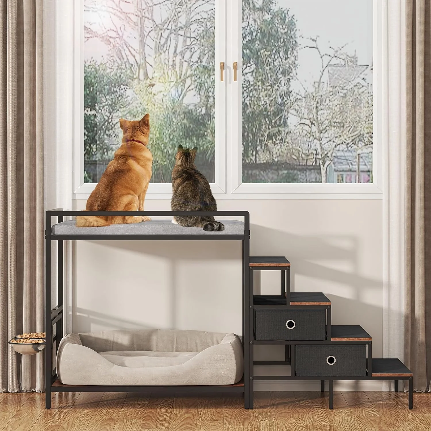 Casual Dog Window Perch with 360° Adjustable Raised Feeder Pet Bunk Bed with Removable Stair and 2 Drawers d Platform Bed Pet d Seat with Cushion Paw-Friendly Ladder First-Class