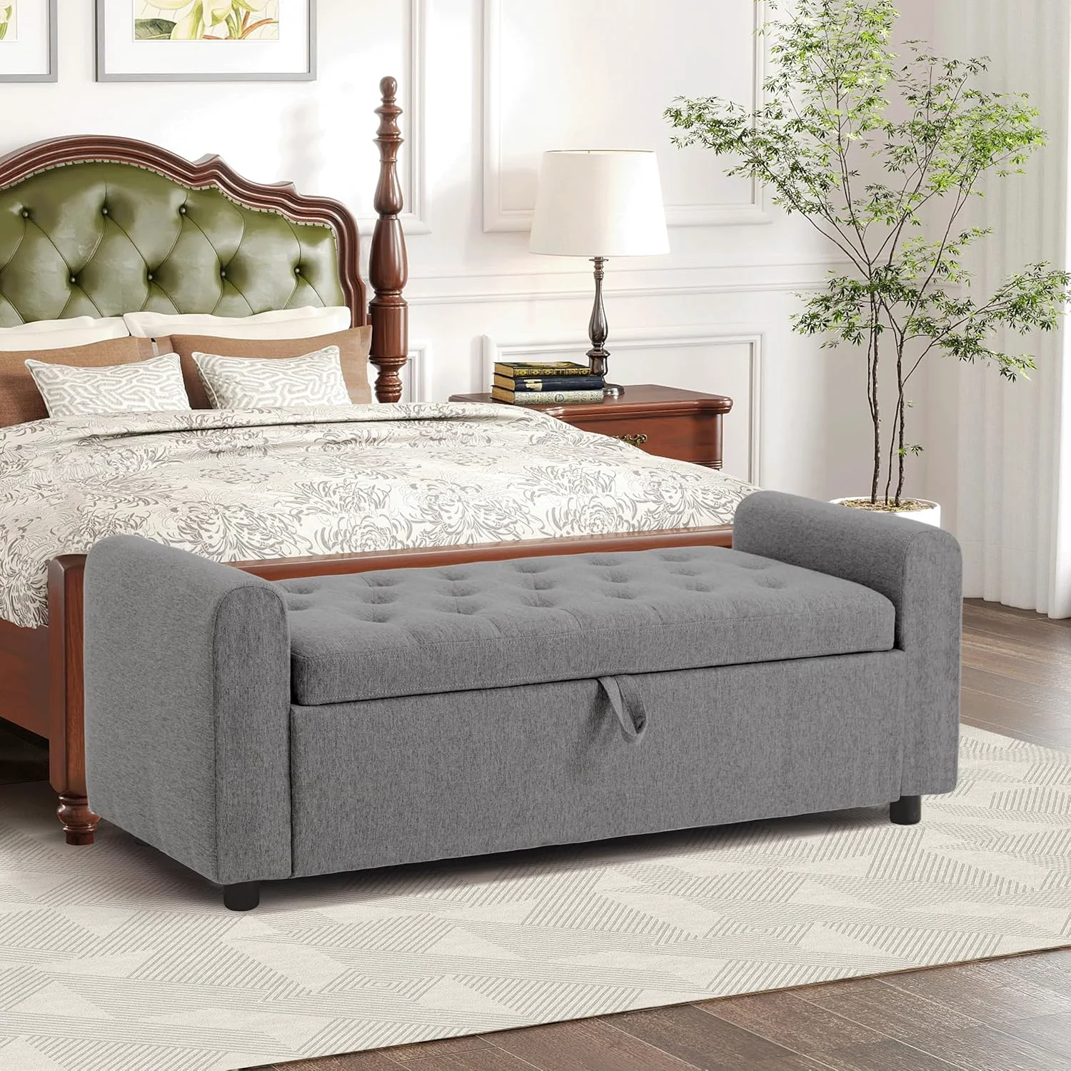 Verified Ottoman with Storage Tufted Storage Bench for Bedroom 48 Fabrics End of Bed Bench Upholstered Entryway Shoe Benches with Rolled Arm Inner Zipper Window Ottomans Chest without Rivets Dark Grey Minimalist