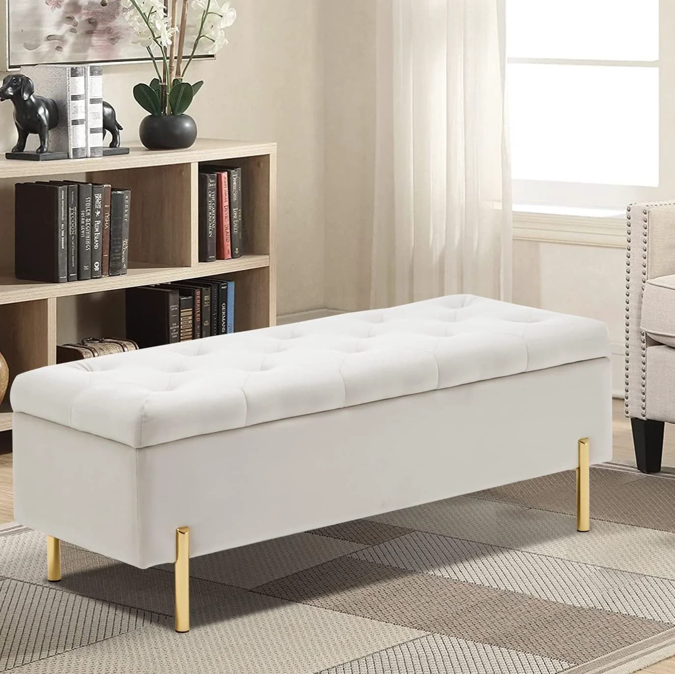 Traditional 45.6 Inch Velvet Storage Bench Upholstered Tufted Settee Ottoman Bench with Storage Bed End Bench with Soft Close Lid for Bedroom Living Room Entryway Rectangular Accent Bench Beige Durable