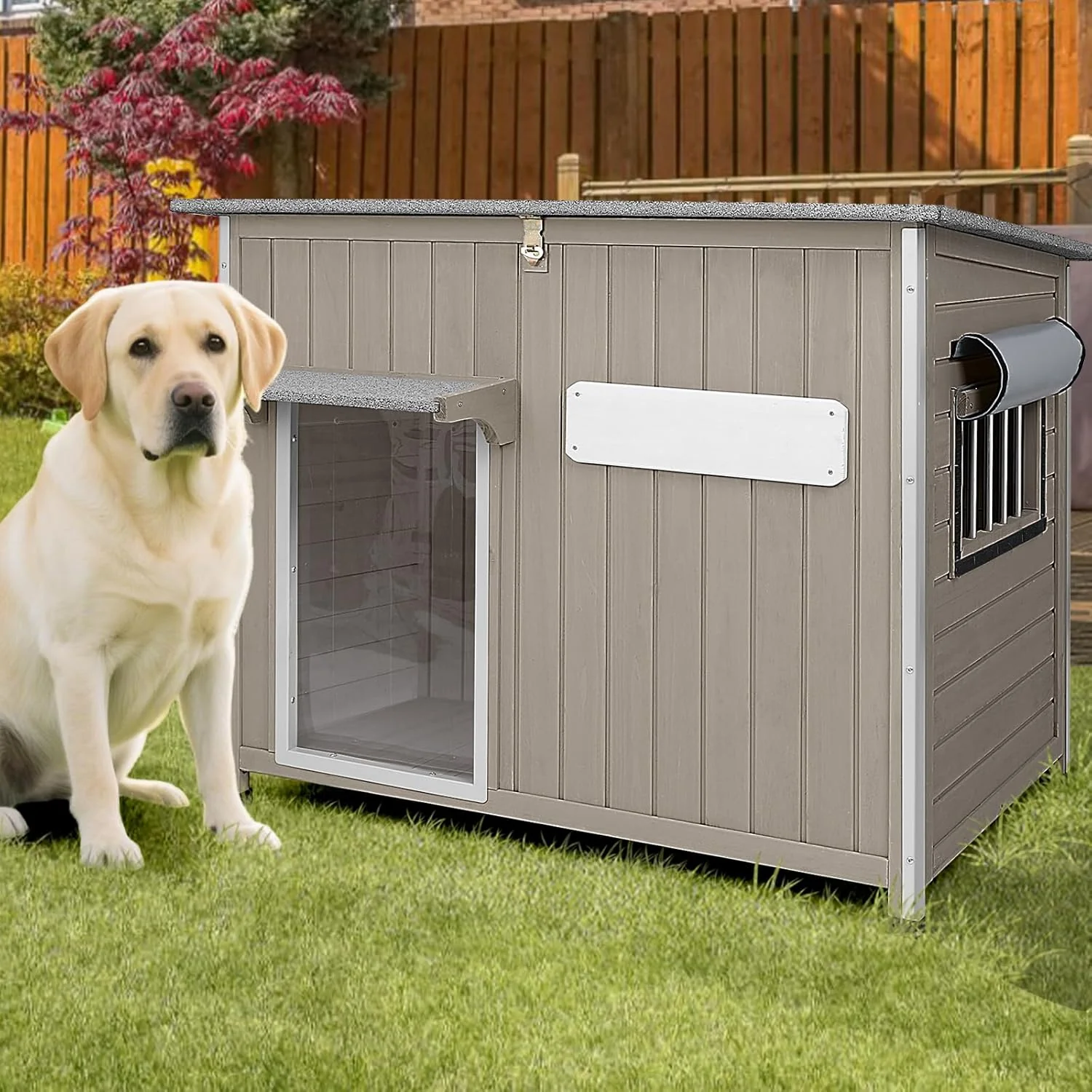 Safe Large Dog House Outdoor XL Wooden Dog House with Weatherproof Asphalt Roof Chew-Resistant Frame Removable Floor for Medium to Large Dogs Indoor Outdoor Use Grey 43.3 L x 29.5 W x 33.5 H Solid