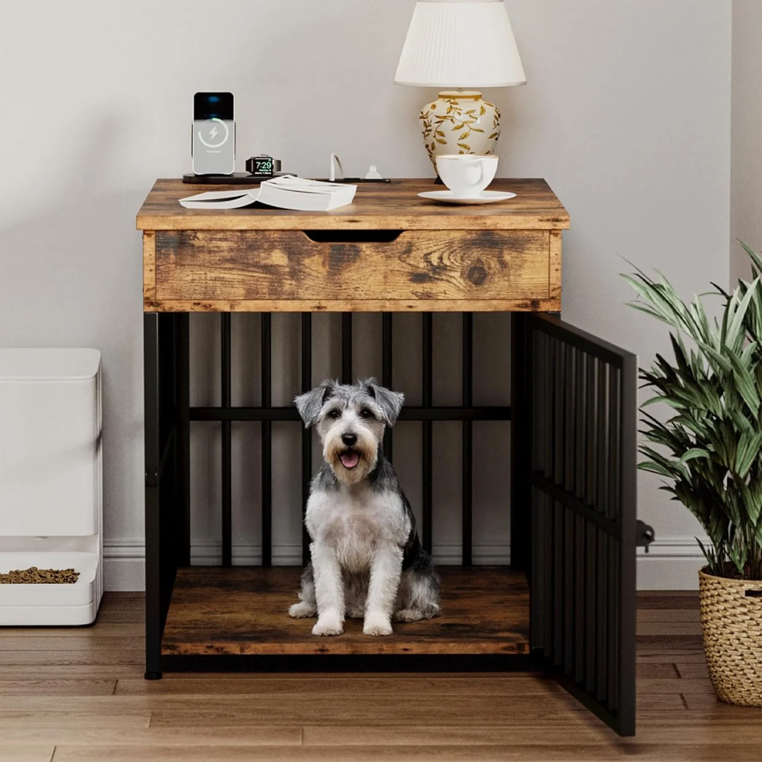 Solid IRONCK Dog Crate Furniture for Small Dogs Wooden Dog Kennel with Flip Top Drawer Indoor Pet Crate End Table with Charging Station Steel-Tube Dog Cage Rustic Brown First-Class
