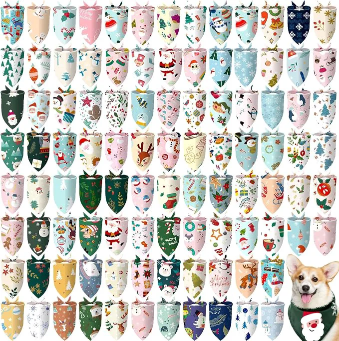 High-Performance 100 Pcs Christmas Dog Bandanas Bulk Pet Bibs Colorful Triangle Scarf Xmas Pet Crafted