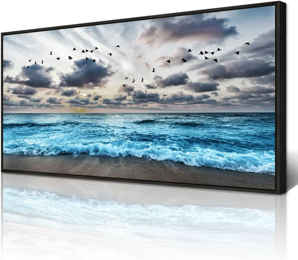Refined Wapluam Black Framed Canvas Wall Art For Living Room Large Wall Decoration For Bedroom Office Wall Decor Black And White Wall Painting Blue Sea Wave Pictures Artwork Modern Hotel Room Home Wall Art High-Grade