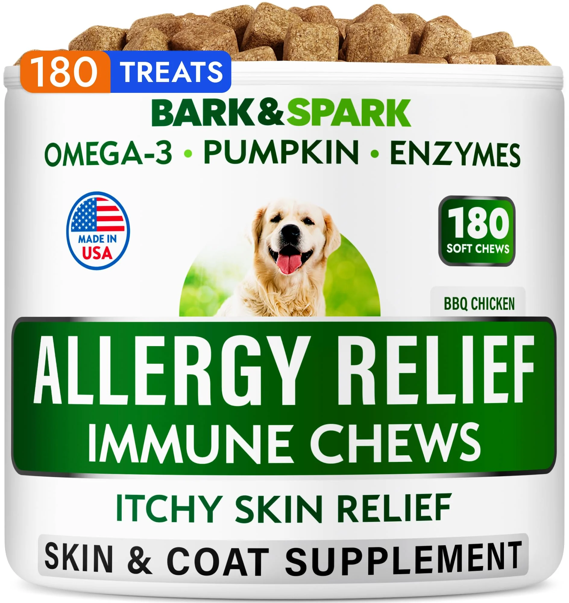 Dependable BARK SPARK Dog Allergy Relief Chews 180 Immune Treats – Anti-Itch Skin Coat Support Effective