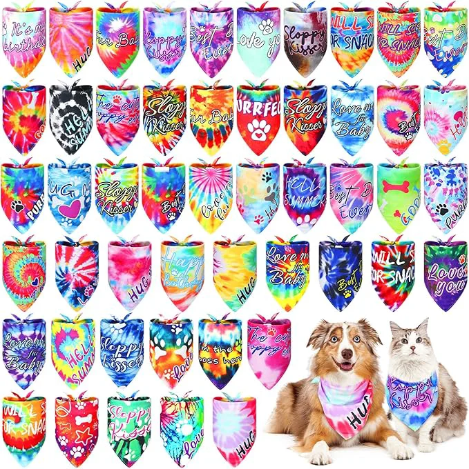 Breathable 50 Pcs Tie Dye Dog Bandanas Bulk Pet Bibs Colorful Triangle Scarf Tie Dye First-Class