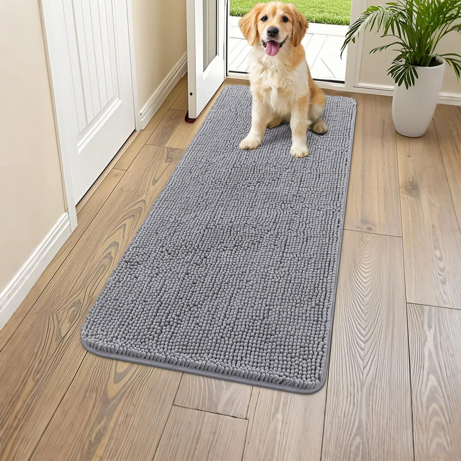 Authentic Smiry Dog Door Mat for Muddy Paws 47x17 – Absorbent Non-Slip Chenille Entryway Mat First-Class