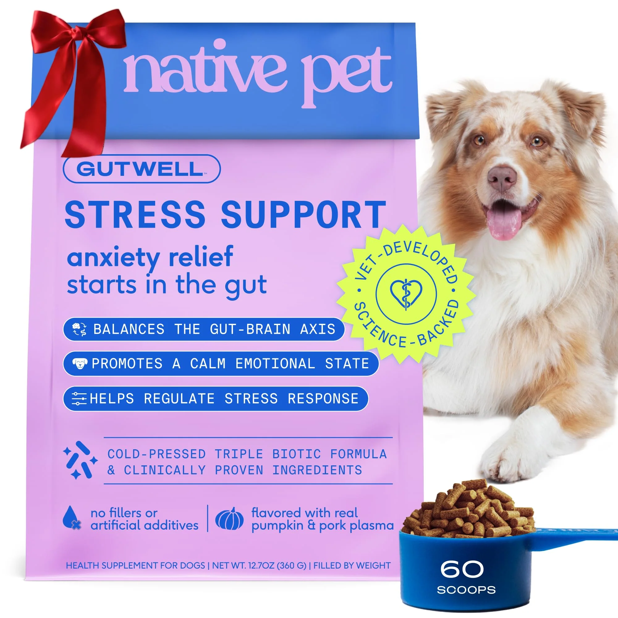 Premium Material GutWell Stress Support for Dogs by Native Pet — Calming Treats for Anxiety Gut-Brain Balance 60 Scoops Organic