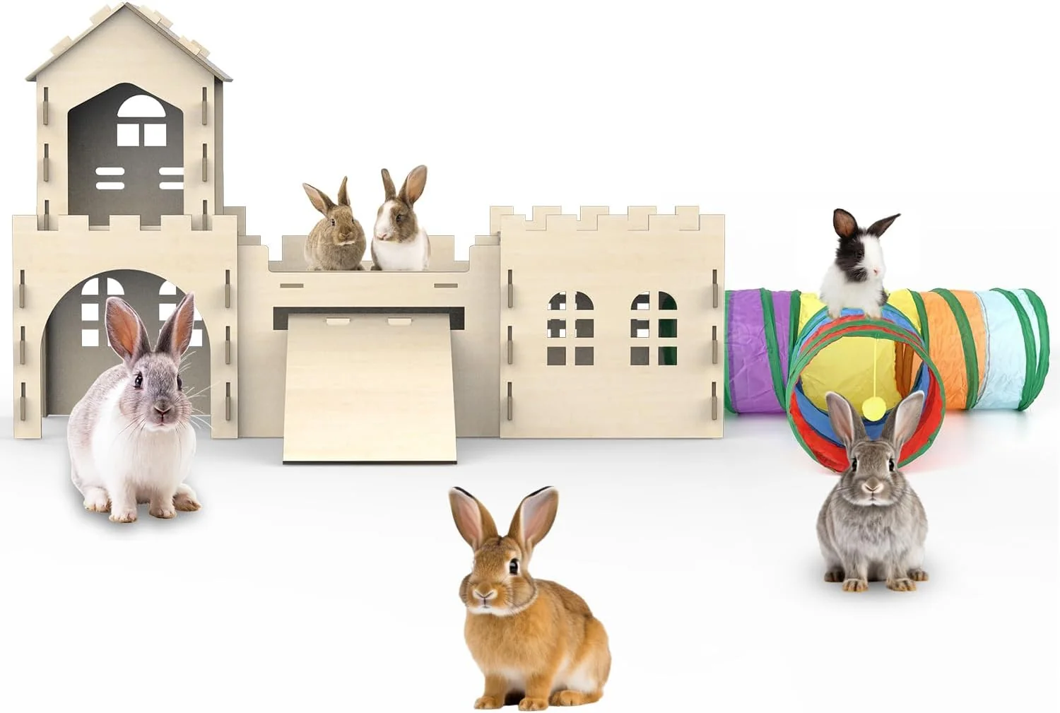Prestigious Large Bunny House and Hideouts Wooden Dual-Layer Rabbit Castle with Stair Rubber Band- Setup - Chew-Proof Sturdy Habitat for Guinea Pig Chinchilla Ferret Rabbit House with Tunnels Tubes Genuine
