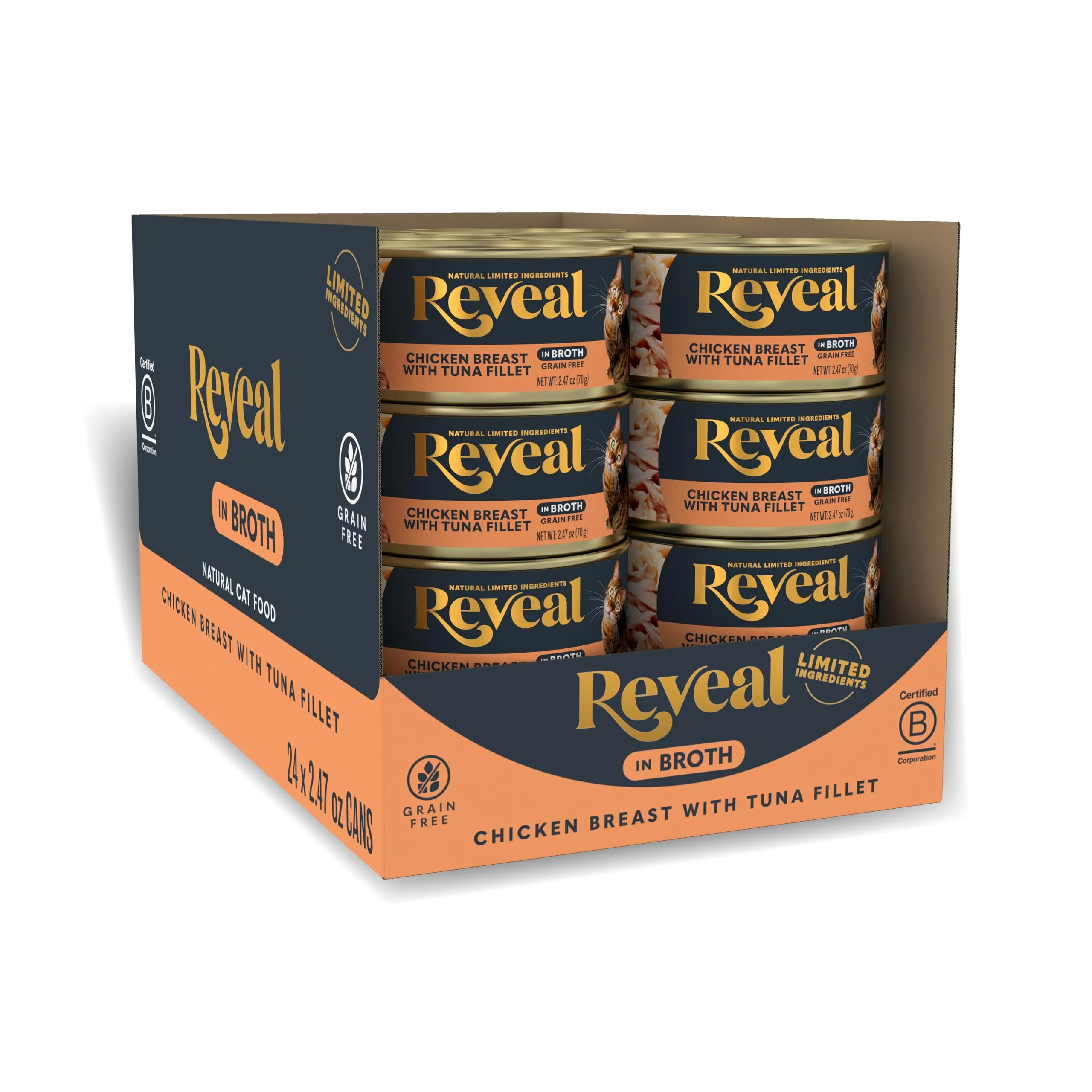 High-Grade Reveal Natural Wet Cat Food Limited Ingredients Grain High-Protein Chicken Tuna in Broth 24 x 2.47 oz Cans Healthy