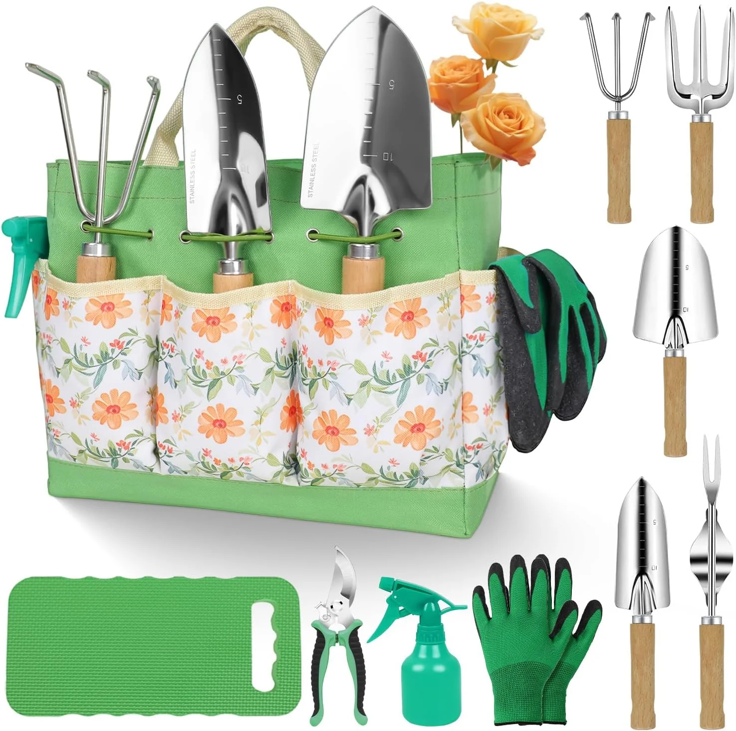 Gardening Tools 10-Piece Heavy Duty Stainless Steel Hand Tools with Durable Garden Tools Storage Tote Rust-Proof Garden Tool Set I Gardening Gifts for Women Yellow Floral Pattern Design Efficient