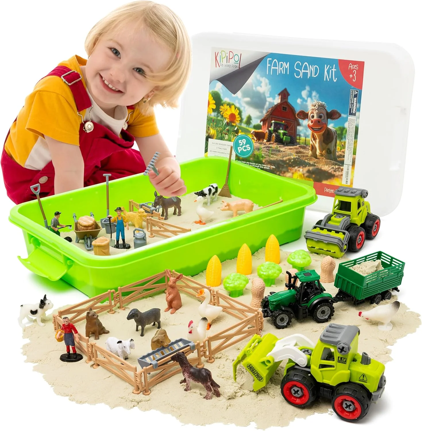 Trendy 59 PCS Farm Sensory Bin Sandbox with Lid 2.2 LB Sensory Sand 40 Toddler Farm Toys 3 Take Apart Construction Trucks -Sensory Toys for Kids 5-7 3-4 Up- Kids Gifts for Boys and Girls Contemporary
