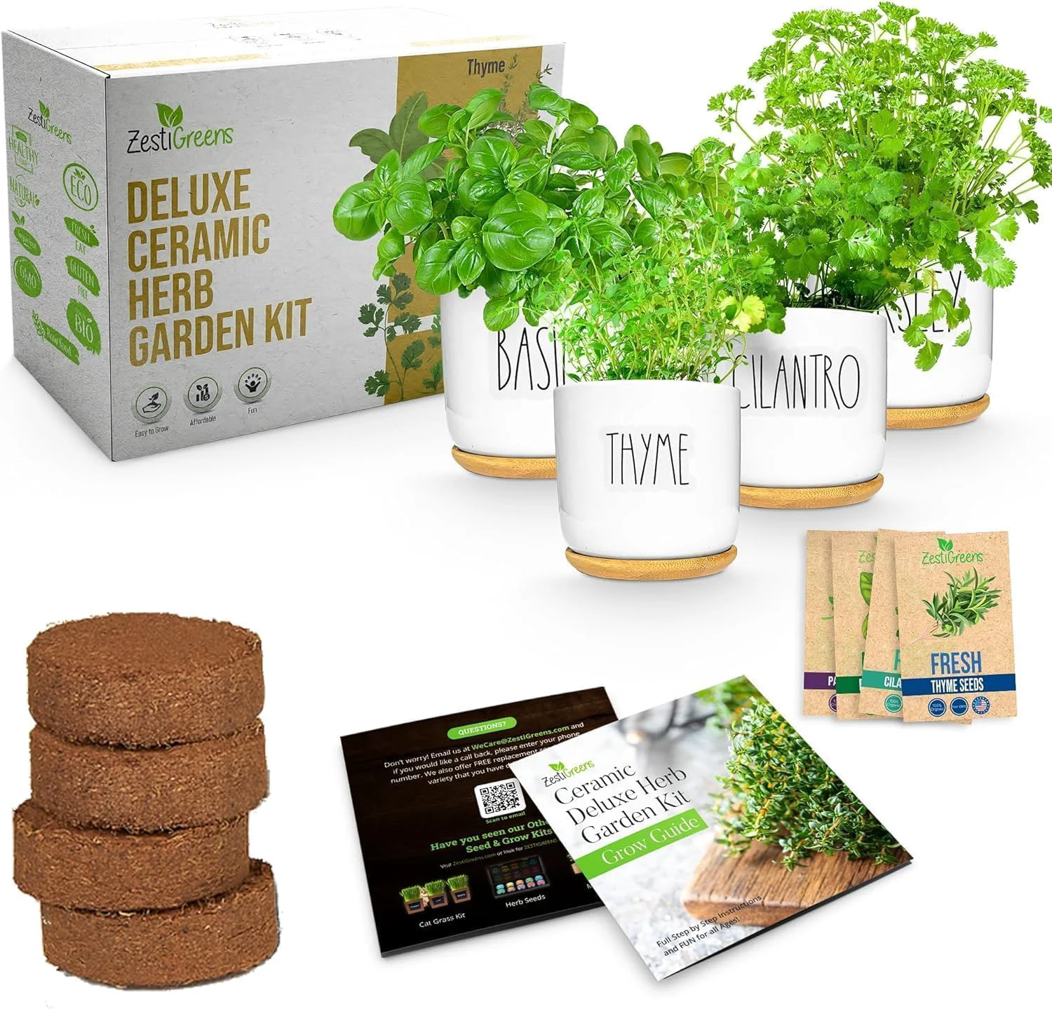 Convenient Deluxe Ceramic Indoor Herb Kit 4 Set. Variety Herbs for Indoor Outdoor – Get Growing with Pots Potting Soil for Window Herb Garden. Ceramic Edition Authentic