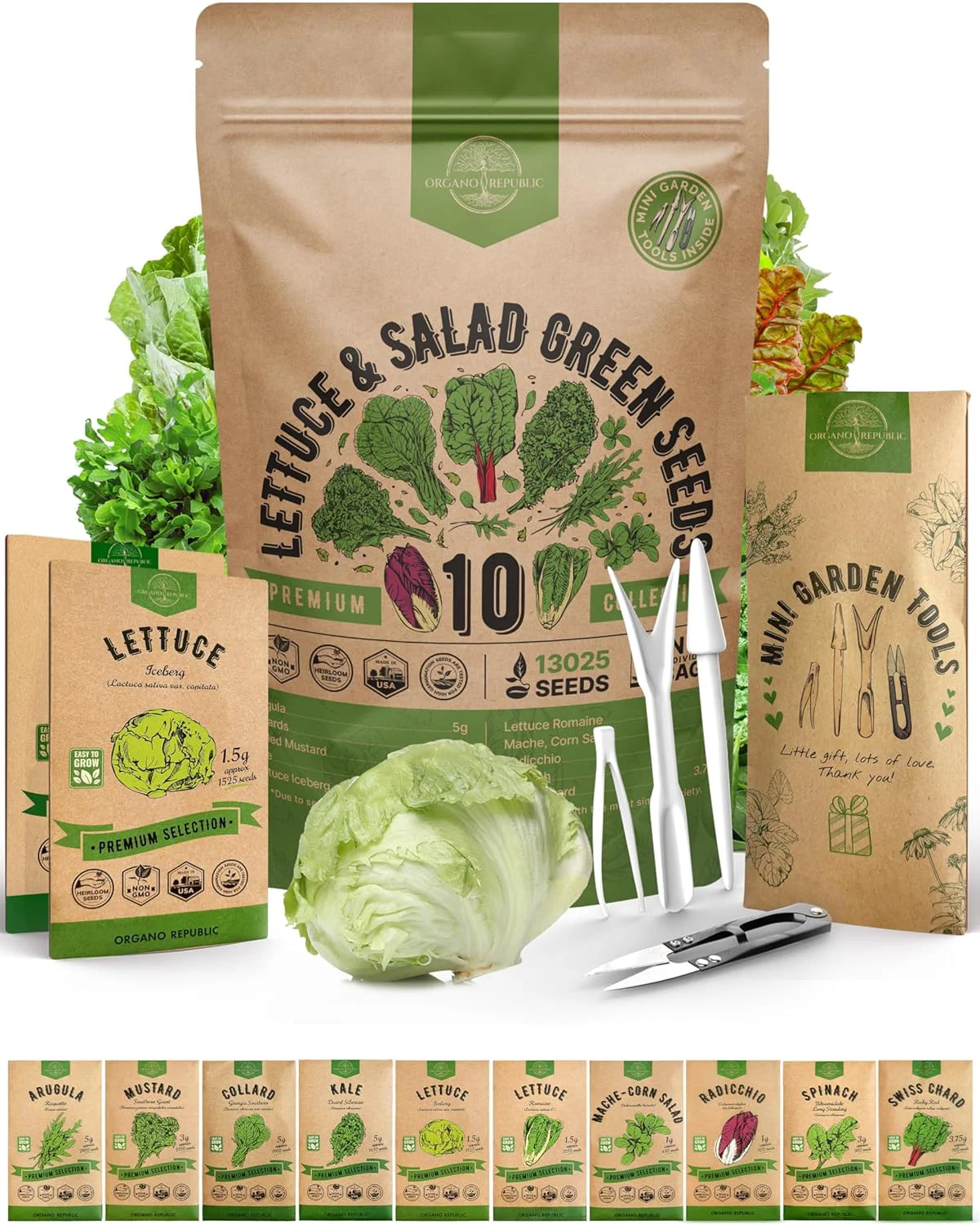 Official Organo Republic 10 Lettuce Salad Greens Seeds Variety Pack 13000 Non-GMO Heirloom Lettuce Seeds for Planting Indoors Outdoors Garden Hydroponics - Arugula Radicchio Kale Spinach Swiss Chard Pure