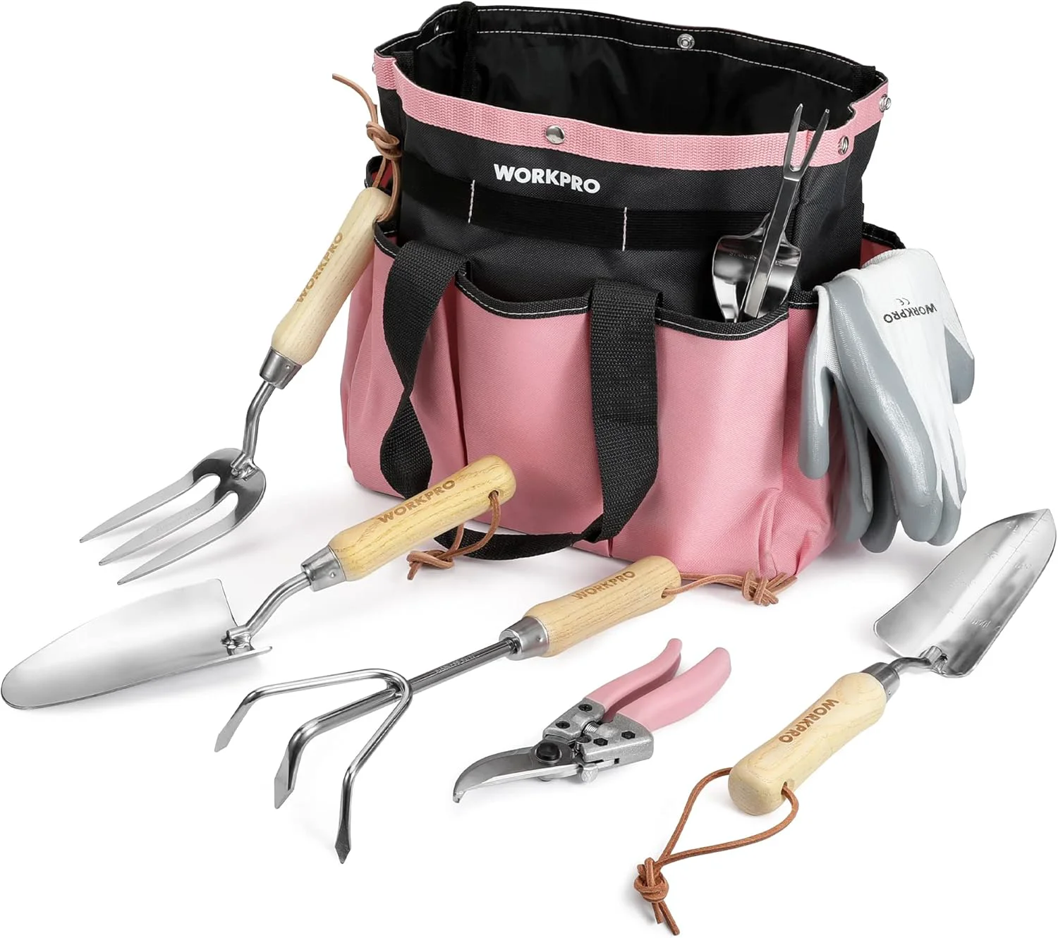 Reliable WORKPRO 8-Piece Pink Garden Tool Set Stainless Steel Gardening Tools with Wood Handle Including Garden Tote Gloves Trowel Hand Weeder Cultivator and More Gardening Gifts For Women - Pink Ribbon Elegant