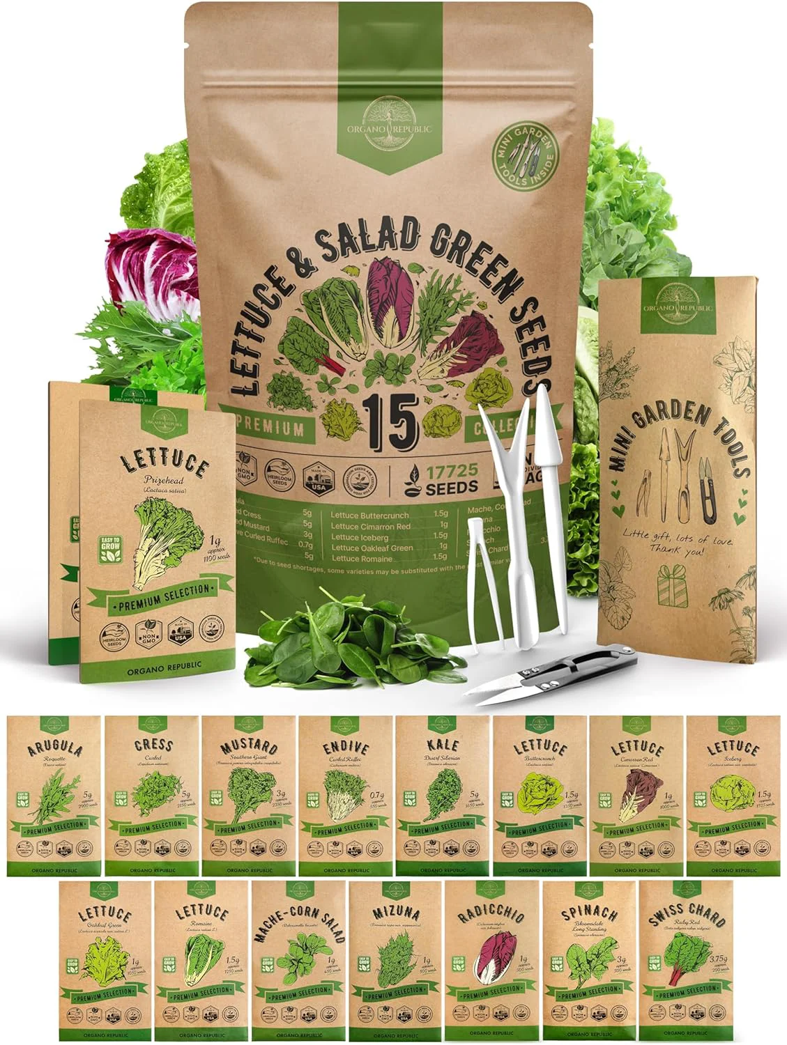 Innovative Organo Republic 15 Lettuce Salad Greens Seeds Variety Pack 17700 Non-GMO Heirloom Lettuce Seeds for Indoors Outdoors Garden Hydroponics Aerogarden - Arugula Kale Spinach Swiss Chard Lettuce Comfortable