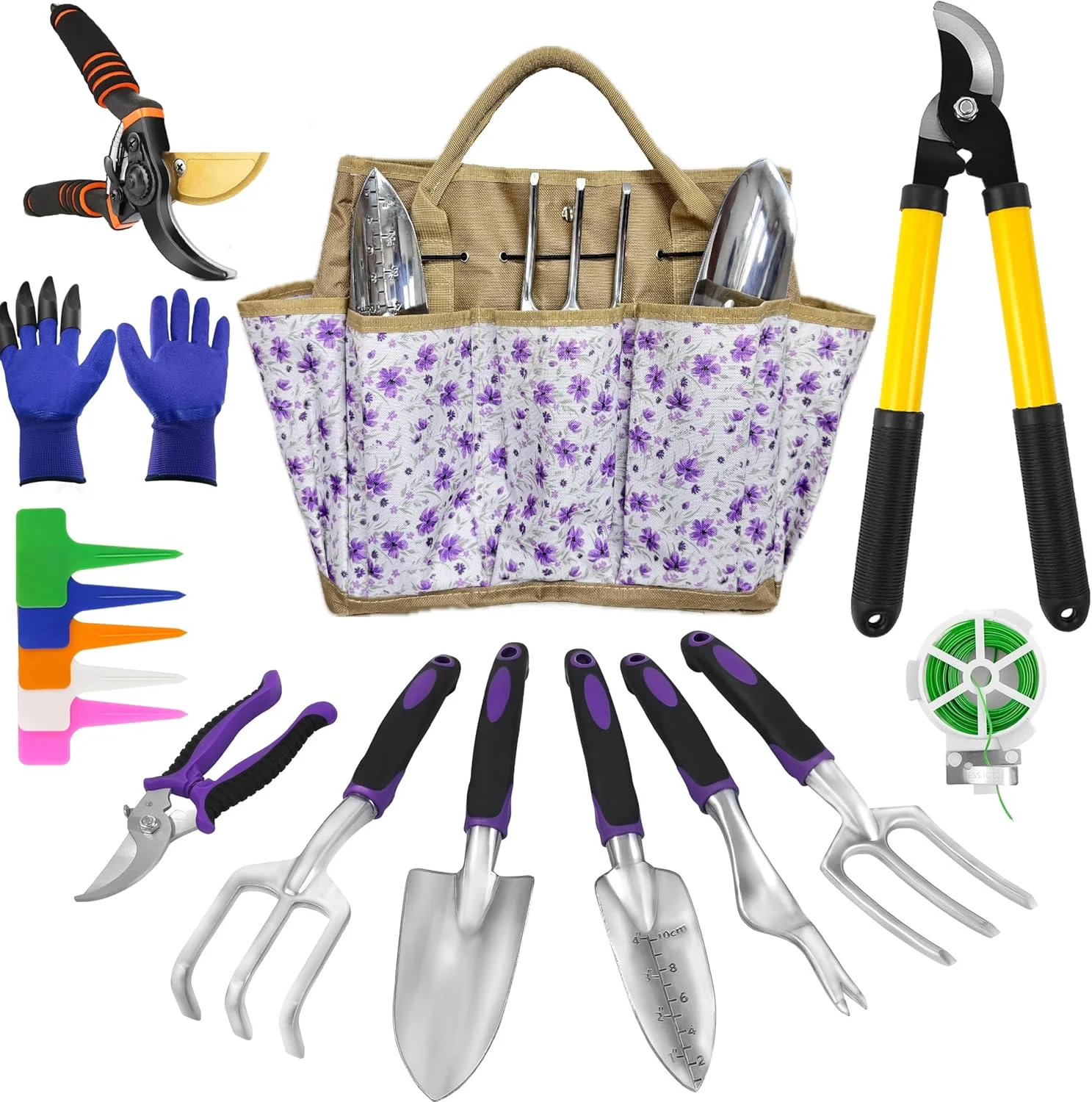 Breathable Gardening Tools – 42 Piece Premium Gardening Tool Set Heavy Duty Hand Tools with Fashion Garden Tools Organizer Handbag Rust-Proof Gardening Tool Kit I Gardening Gifts for Women Purple Floral Refined