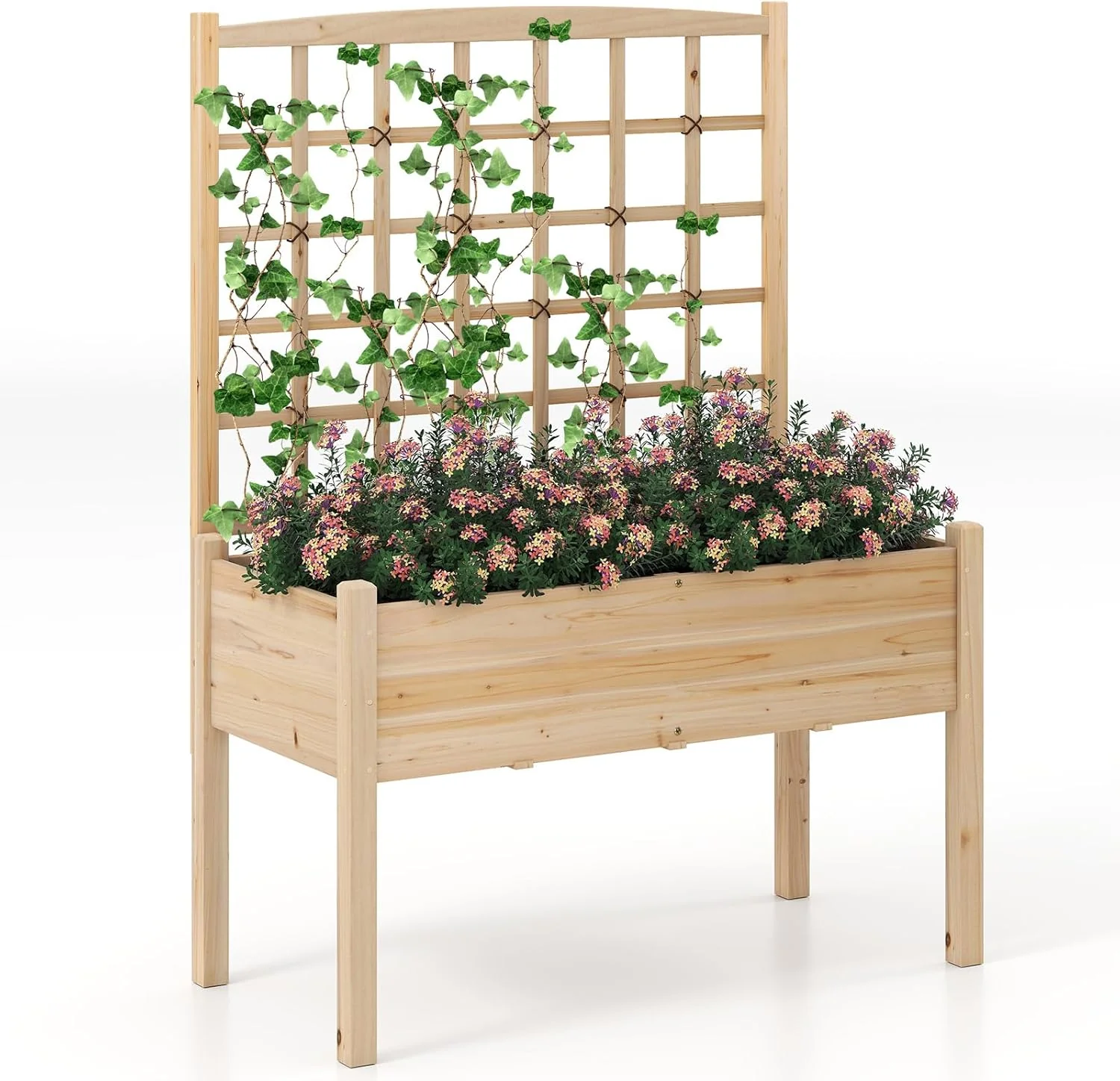 Green Giantex Raised Garden Bed with Trellis Wooden d Planter Box with Legs Drainage Holes for Climbing Plants Vines Vegetables Flowers Herbs Outdoor Horticulture Planter for Patio Yard Natural Stylish