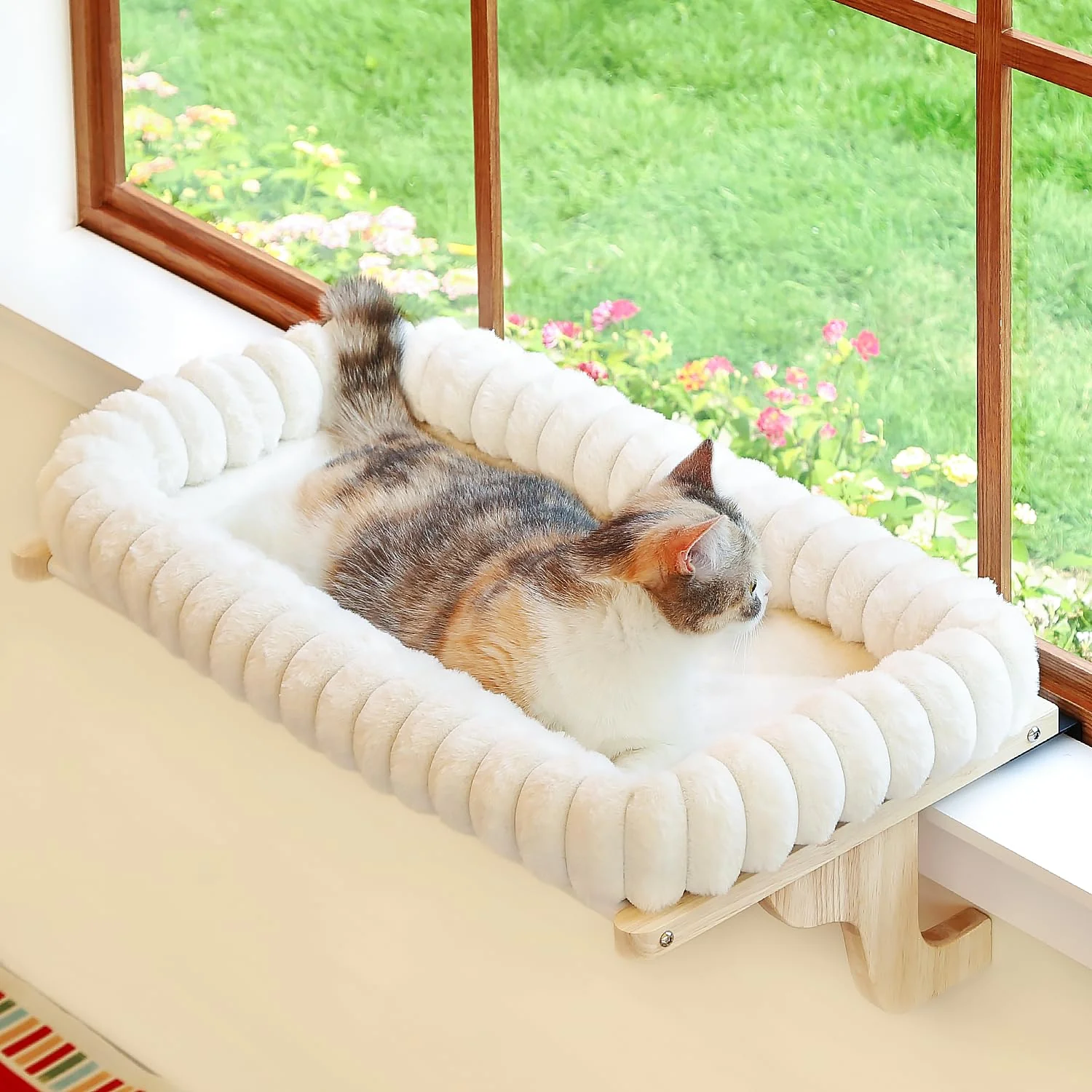 User-Friendly Zakkart SnugCloud Cat Window Perch – 4-Sided Bolster Natural Wood with White Bed Large Eco-Friendly