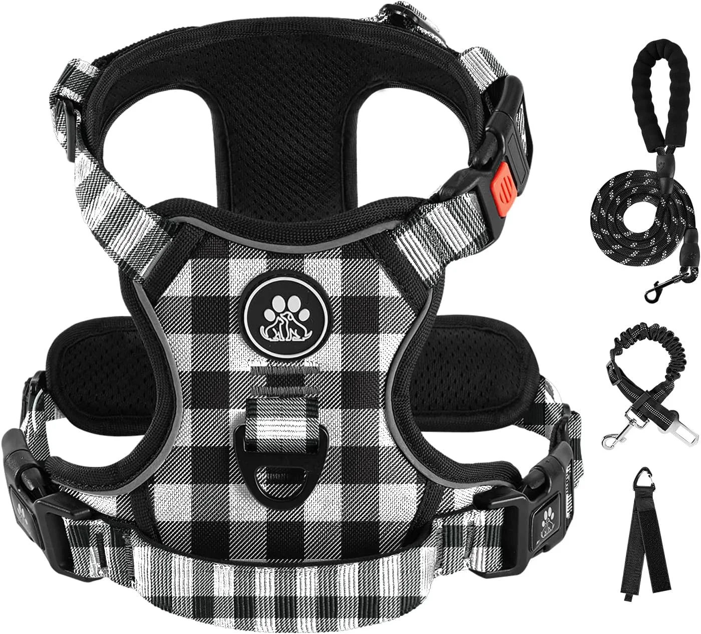 Optimized IVY LANE No Pull Dog Harness with Leash Set Reflective No Choke Pet Vest Adjustable Oxford Dog Vest Harness with Easy Control Handle for Large Dogs Checkered Black L Reusable