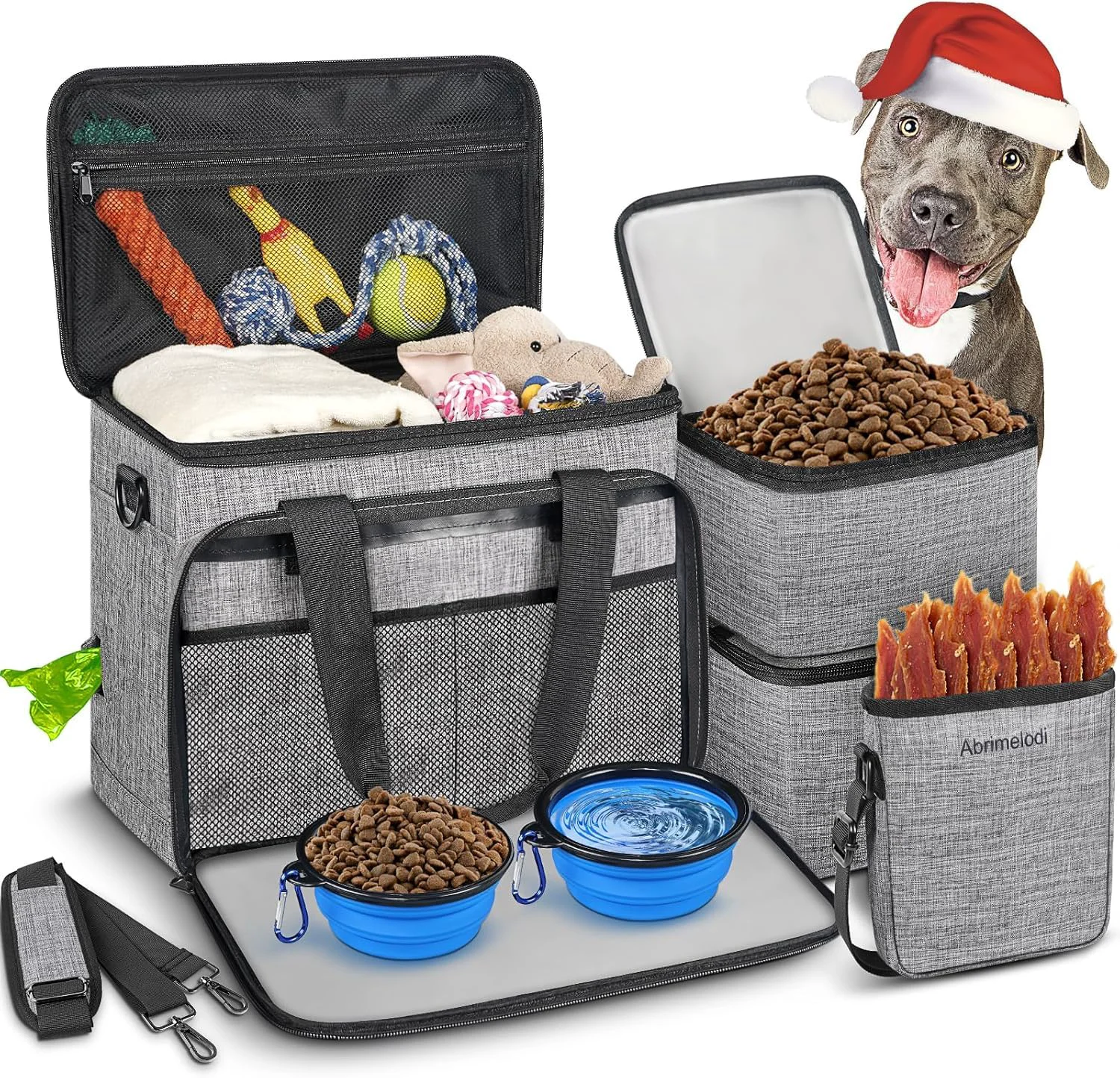 Responsible Abrimelodi 6 Set Dog Travel Bag – All-in-One Pet Travel Kit with 2 Food Containers 2 Collapsible Bowls Treat Pouch Selected
