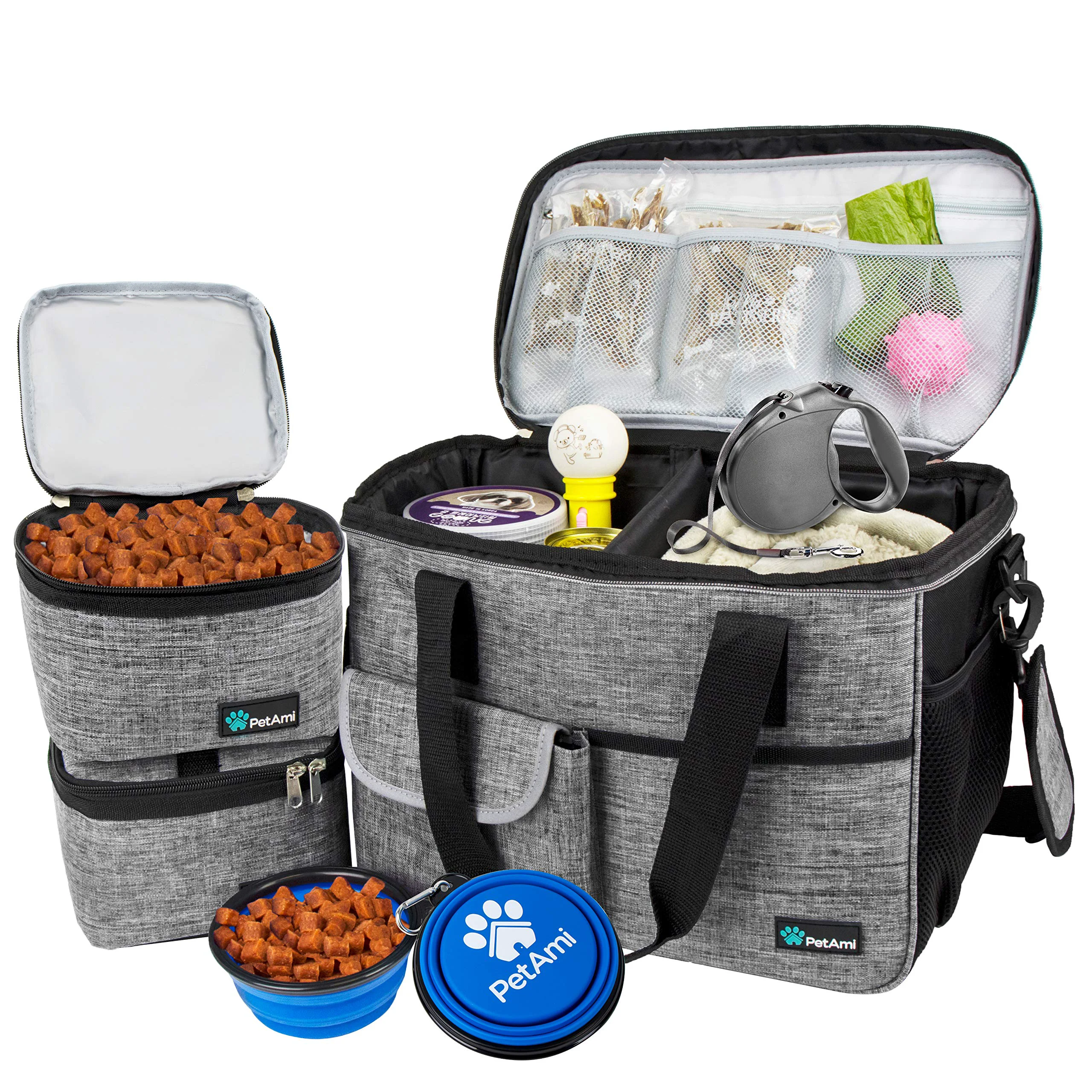 User-Friendly PetAmi Dog Travel Bag Grey Medium – Organizer with Food Containers Bowls Accessories Unique