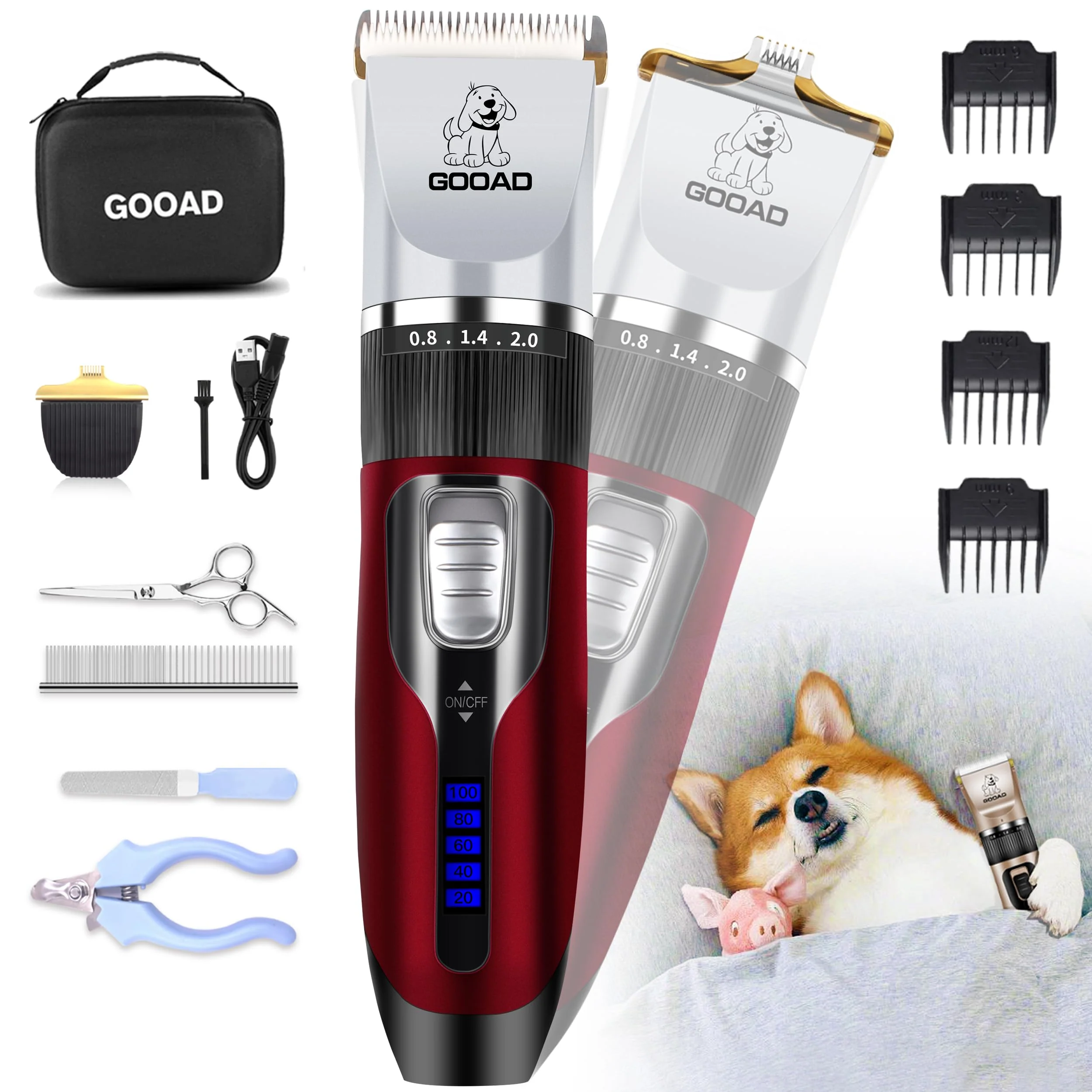 Reusable Gooad Cordless Dog Clippers Paw Trimmer Red — Low Noise Rechargeable 3-Speed Exclusive