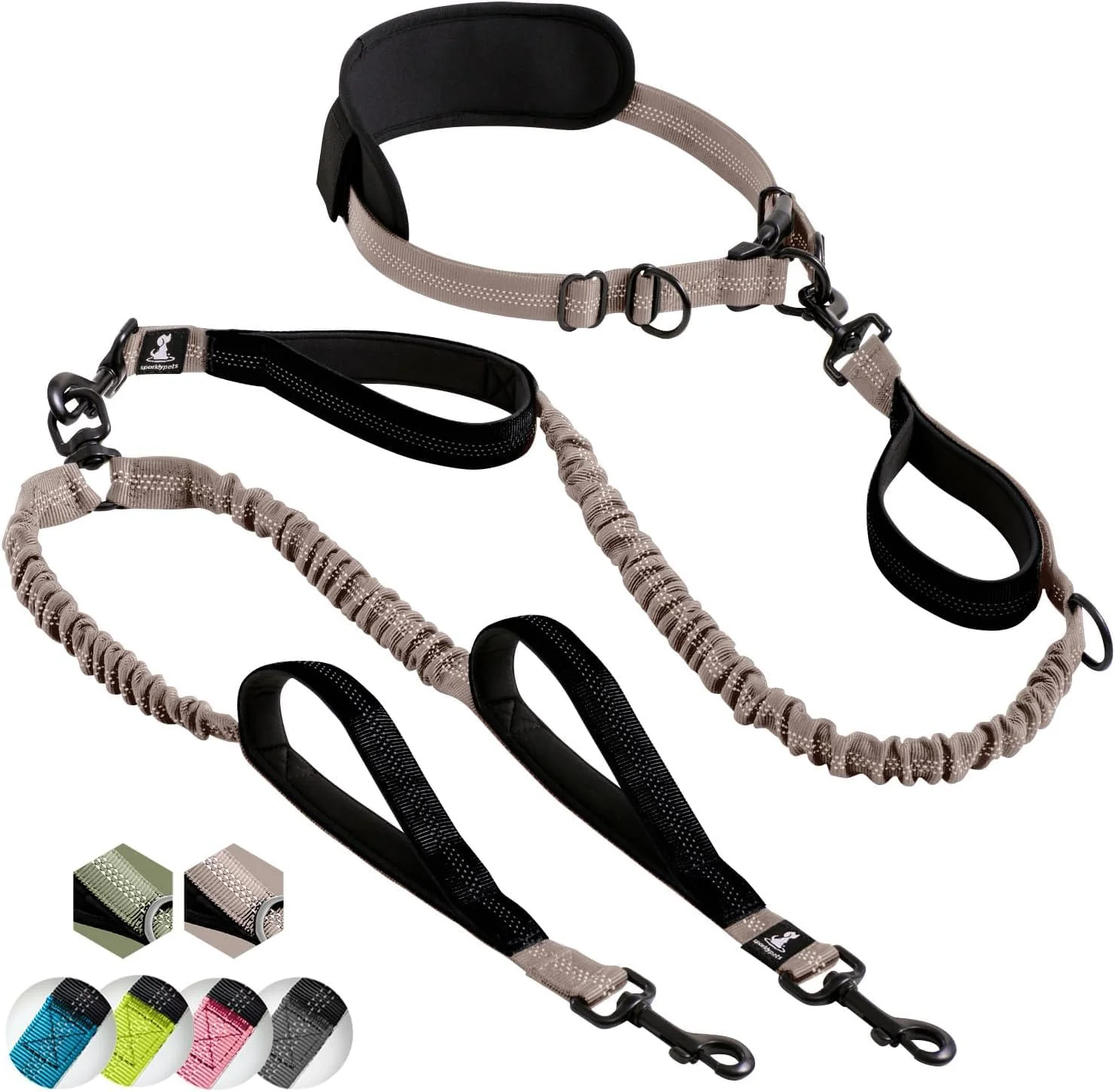 Relaxed SparklyPets Hands Double Dog Leash – Dual Lead for 2 Dogs Brown Padded Handles Reflective Stitches No-Tangle Proven