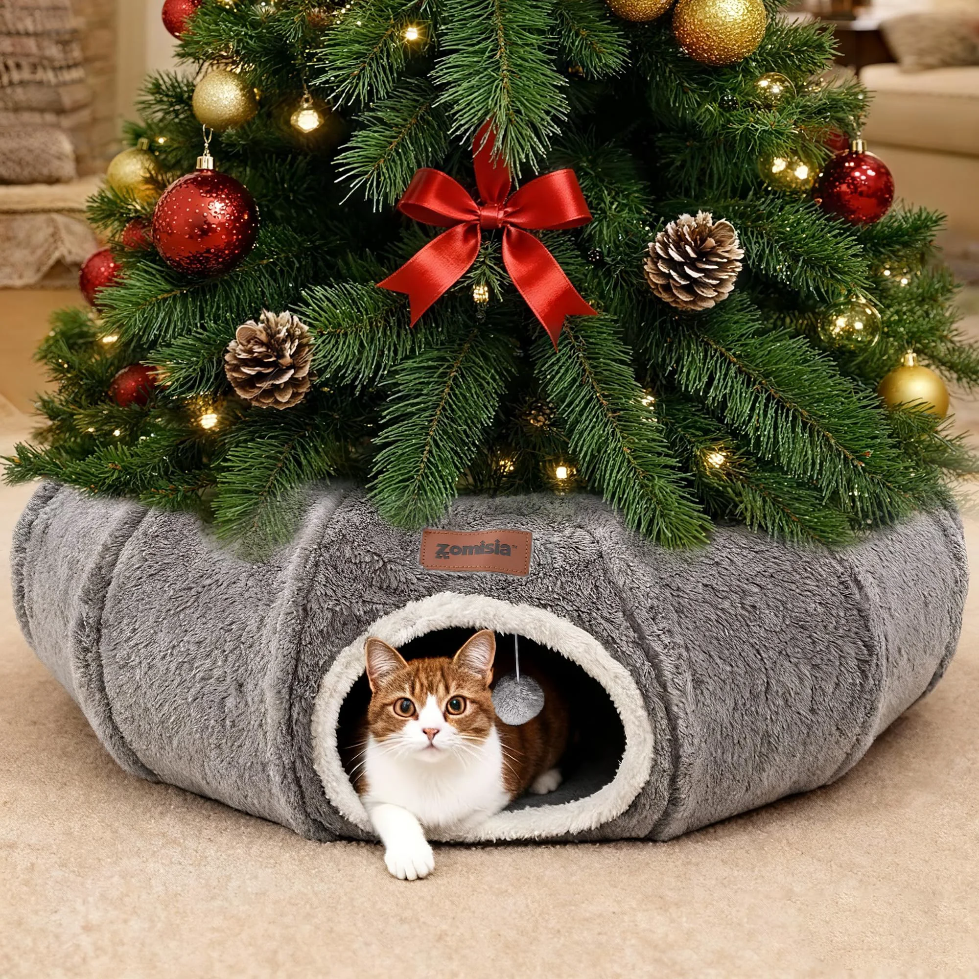 Elegant ZOMISA Cat Tunnel Bed for Indoor Cats Plush Peekaboo Cave Play Tunnel Premium Material