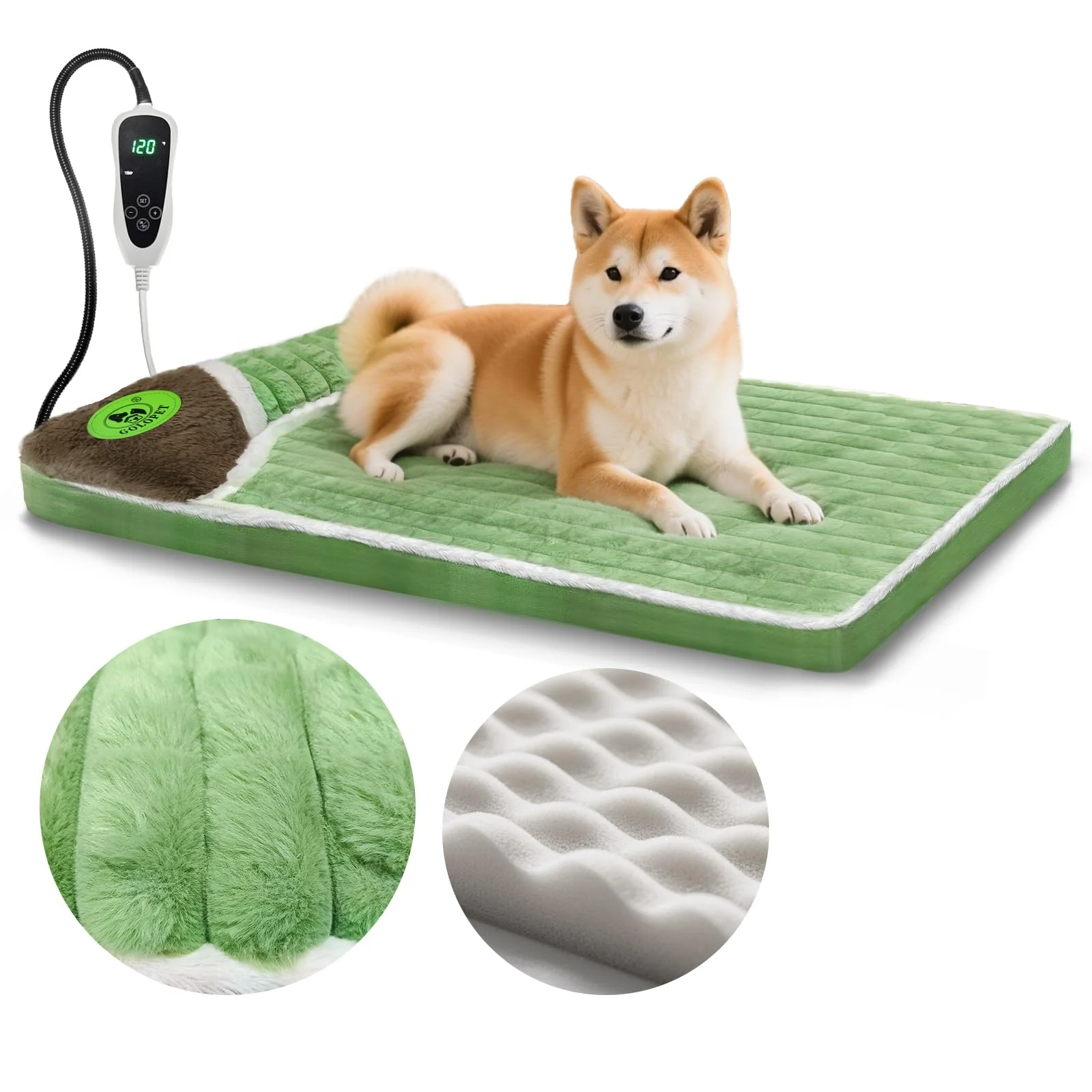 Professional GOLOPET Heated Dog Bed 32x20x2 in MET UL Dual- Heating Pad Smart Controller Memory Foam Plush Bed with Side Pillows Smooth