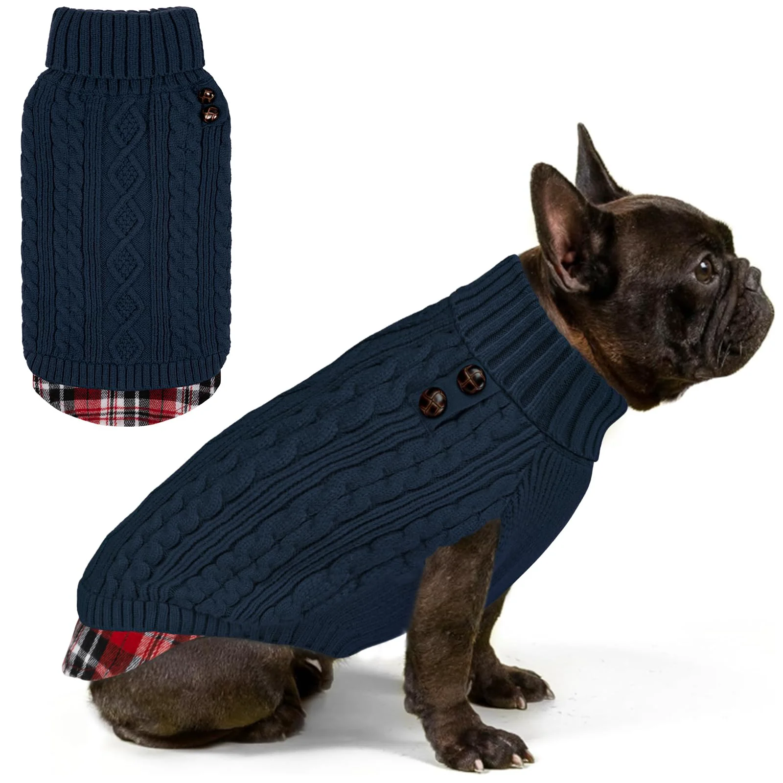Solid KYEESE Dog Sweater Turtleneck for Medium Dogs — Warm Soft Knit with Gingham Patchwork Crafted