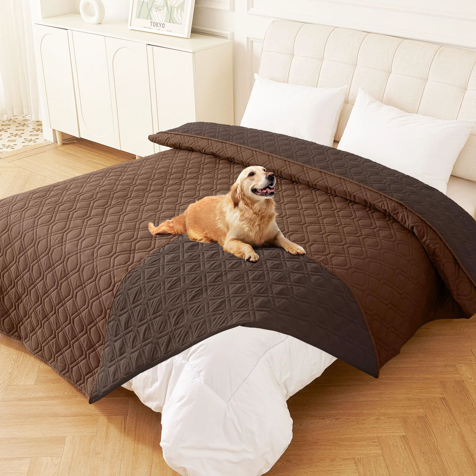 High-Performance hyha Waterproof Dog Bed Blanket 82x82 in – Reversible Washable Sofa Cover Brown Chocolate Effective