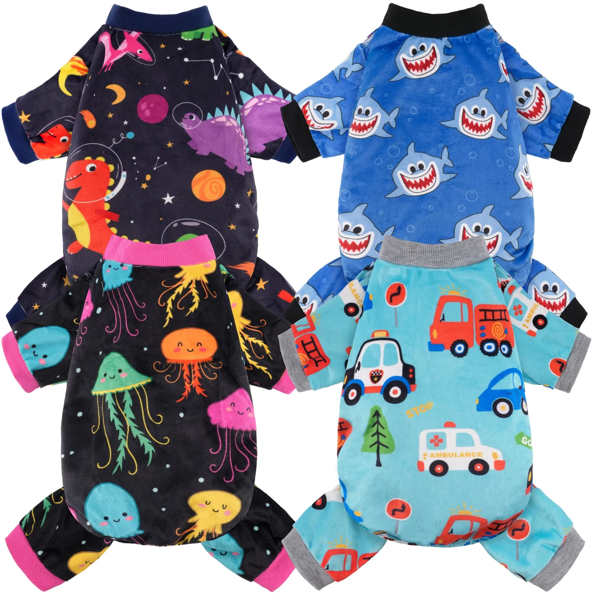 Minimalist BAOBICUTE 4 Pack Dog Pajamas – Soft Lightweight Recovery Onesies XS-XXXL – Dinosaur Jellyfish Transportation Shark Superior