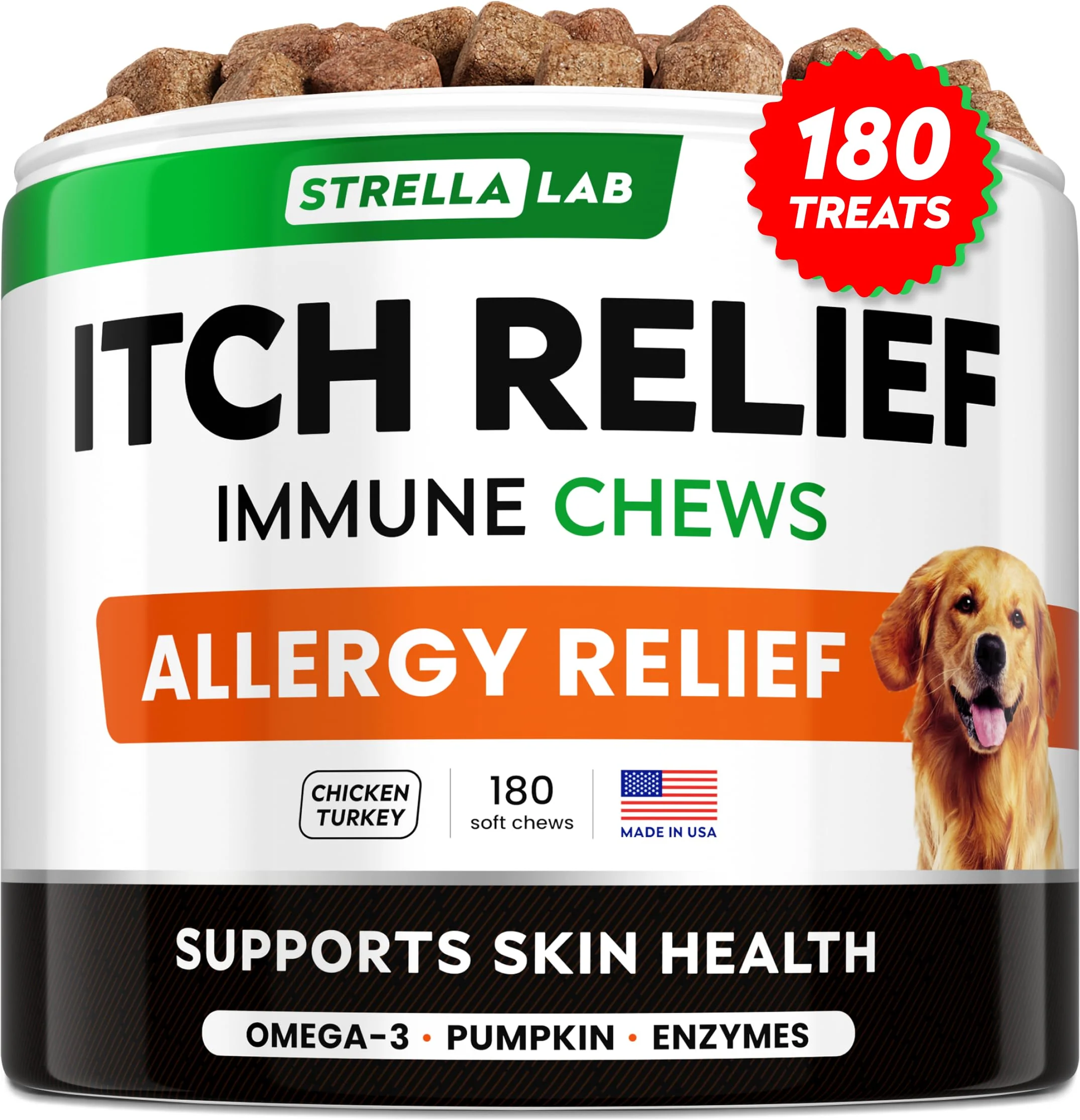 Carefully Designed STRELLALAB Dog Allergy Relief Chews – Ingredients Taste 180 Ct USA Made High-Quality