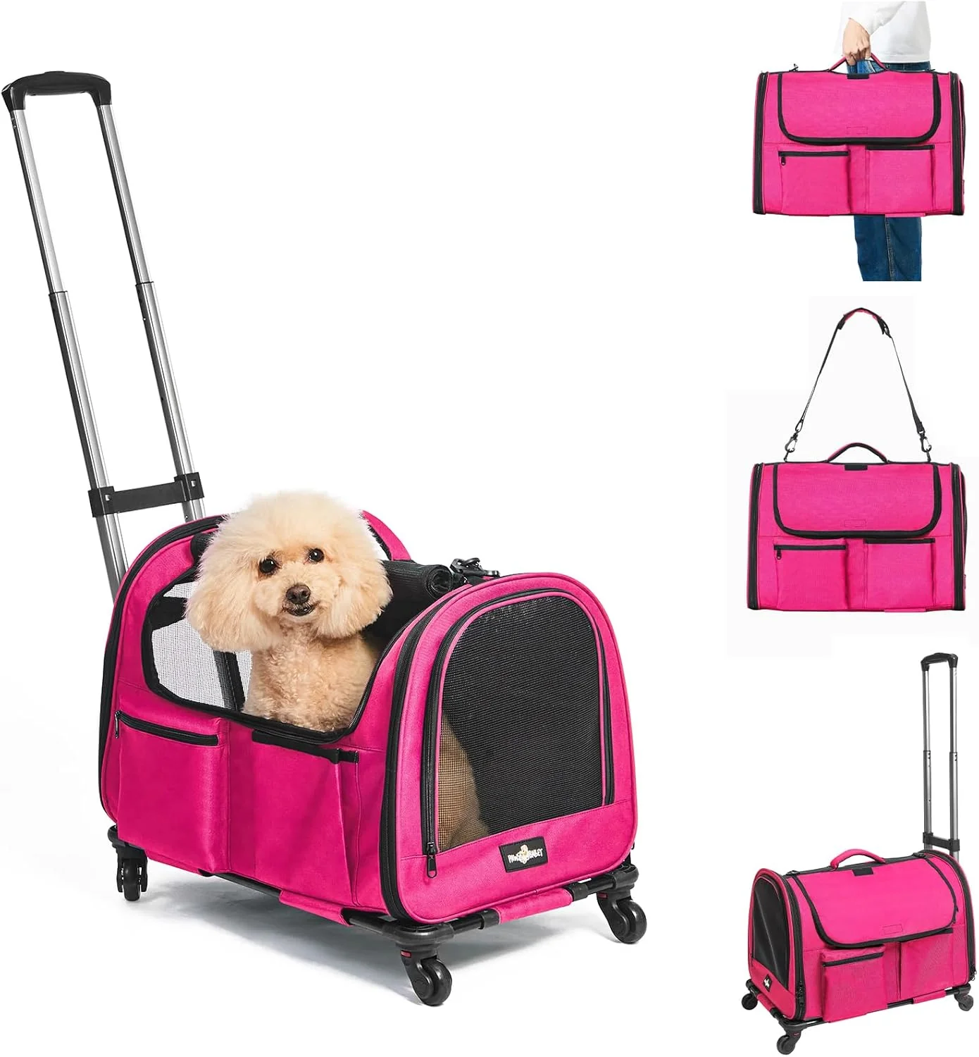 Professional Large Pet Carrier with Wheels Foldable Rolling Dog Carrier with Big Pocket Cat Rolling Bag 21 x13 x13 for 2 Cats Dogs Use for Travel Outdoor Vet Visits Camping Indoor. Pink Stylish