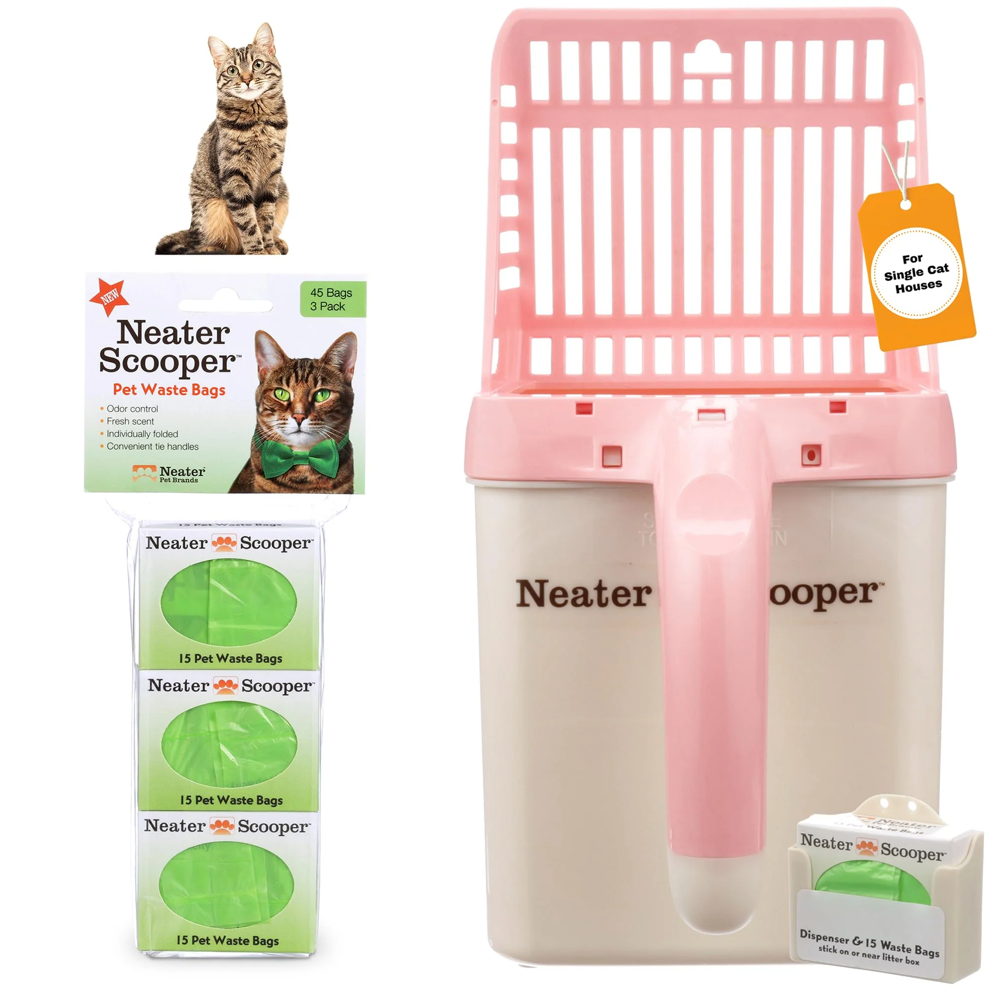 Next-Generation Neater Scooper Standard Cat Litter Scoop with Bag Dispenser 60 Refills Mess- Litter Box Effective