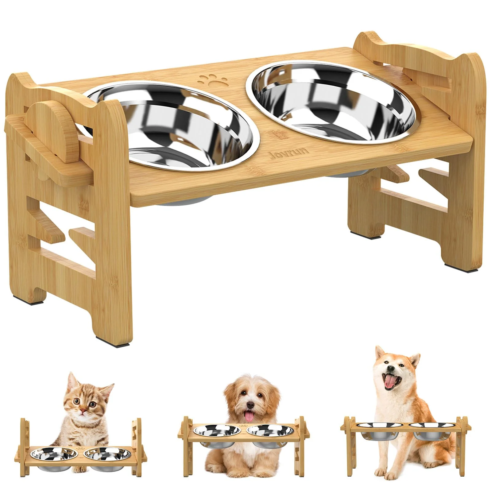 Outstanding Jovrun d Dog Bowls Adjustable Tilt Bamboo Stand 2 Stainless Bowls for Small Pets Lightweight