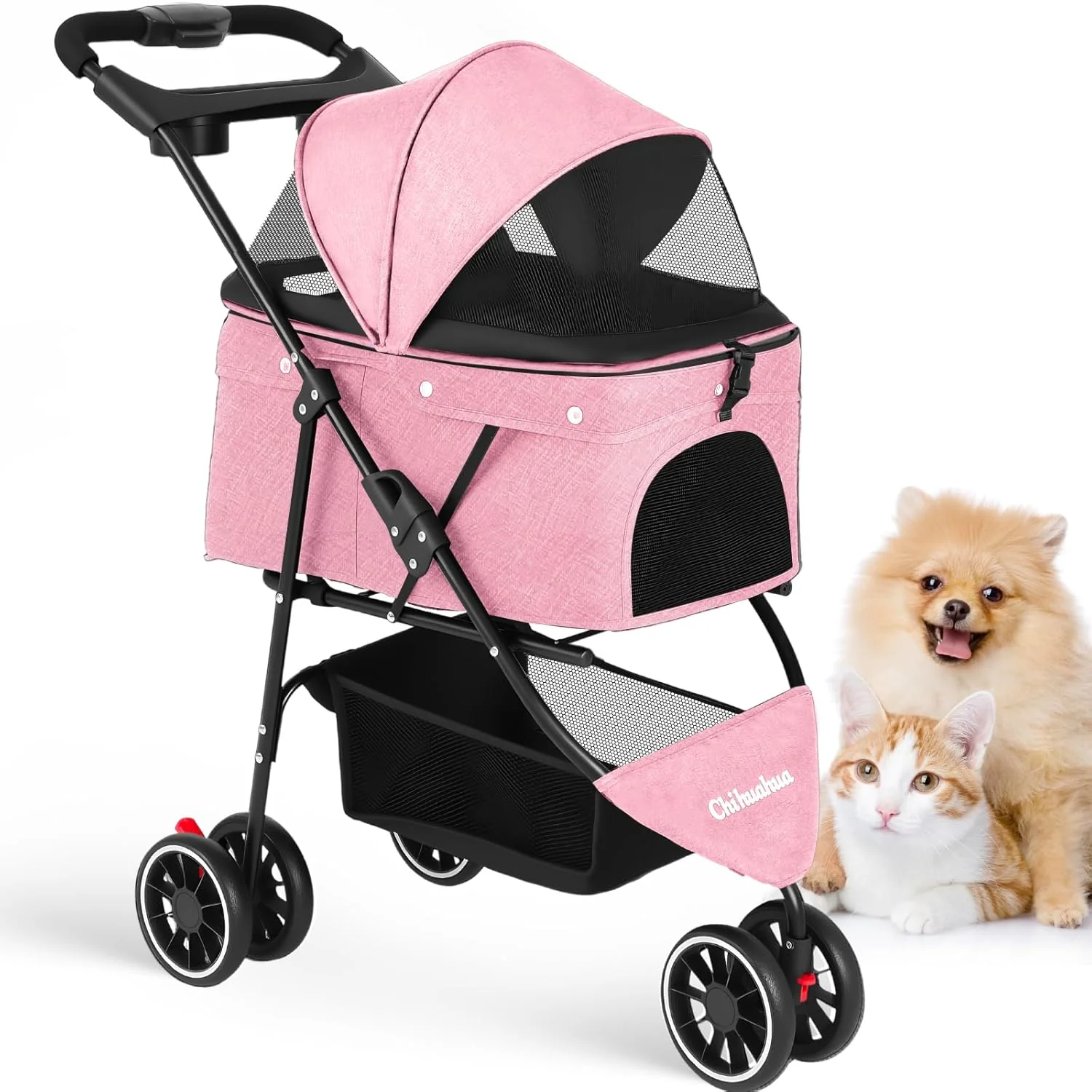 Superior Pet Stroller Dog Stroller for Small Medium Dogs Cats 3 Wheels Foldable with Breathable Mesh Canopy Cup Holders Easy Assembly Pink Healthy