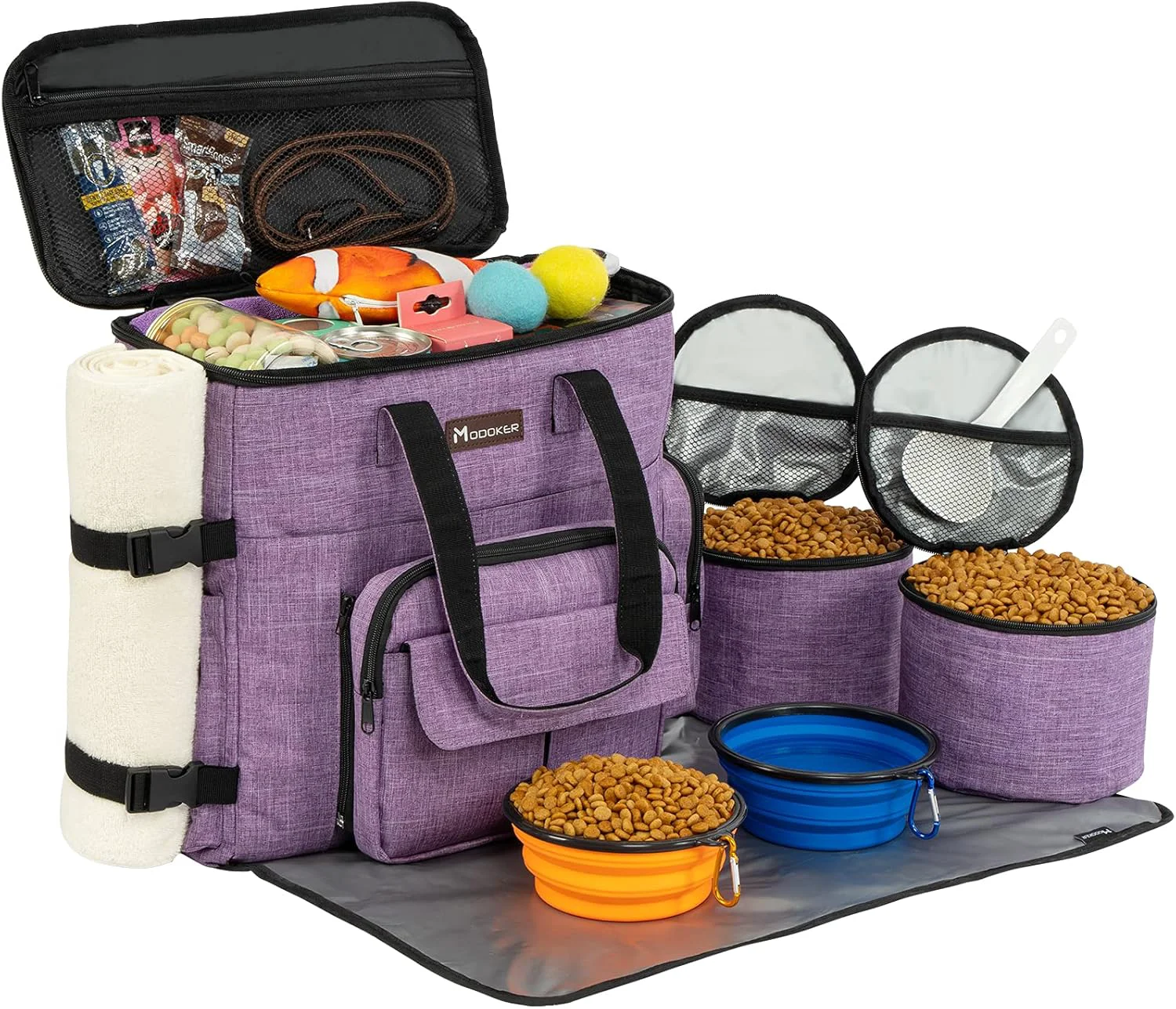 Natural Modoker Dog Travel Organizer Carriers for Supplies Accessories Airline Cat Pet Travel Bag 2 Collapsible Bowls 2 Travel Dog Food Container Purple Advanced