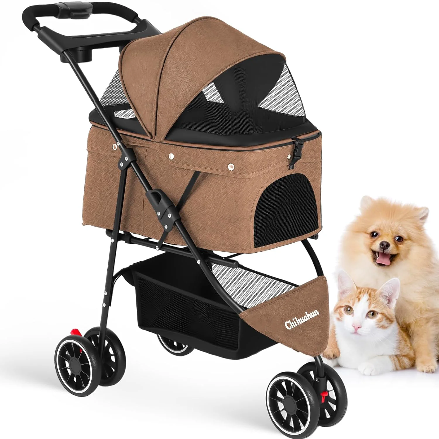 Convenient Pet Stroller Dog Stroller for Small Medium Dogs Cats 3 Wheels Foldable with Breathable Mesh Canopy Cup Holders Easy Assembly Deep Brown Superior
