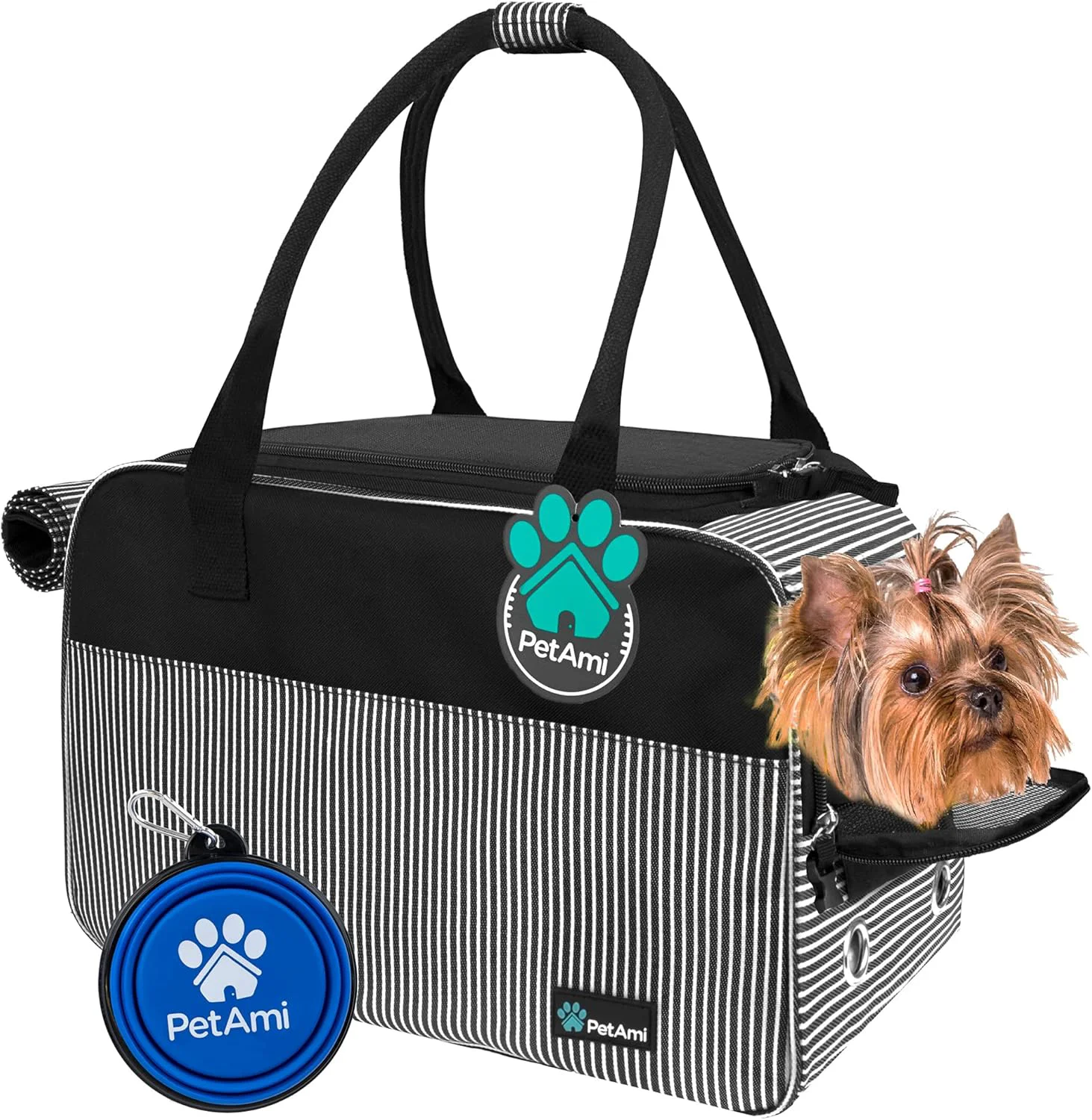 Organic PetAmi Dog Purse Carrier for Small Dogs Airline Soft Sided Pet Carrier with Pockets Ventilated Dog Carrying Bag for Puppy Cat Dog Travel Supplies Bag Sherpa Bed Max 12 lbs Stripe Black Reusable