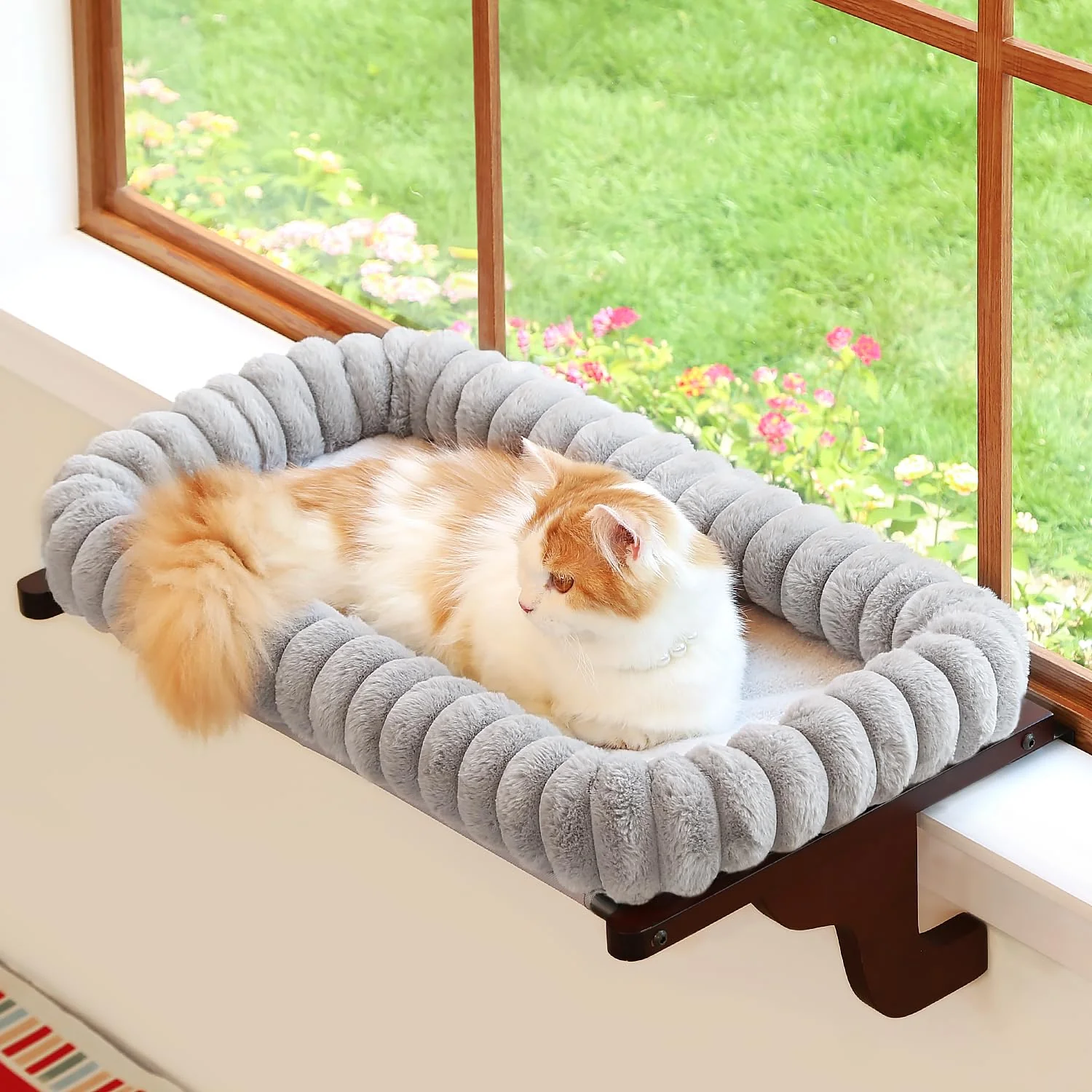 Fine Zakkart SnugCloud Window Perch – 4-Sided Bolster Solid Hardwood Metal Frame Window Seat for Pets Dark Stain Medium High-Grade