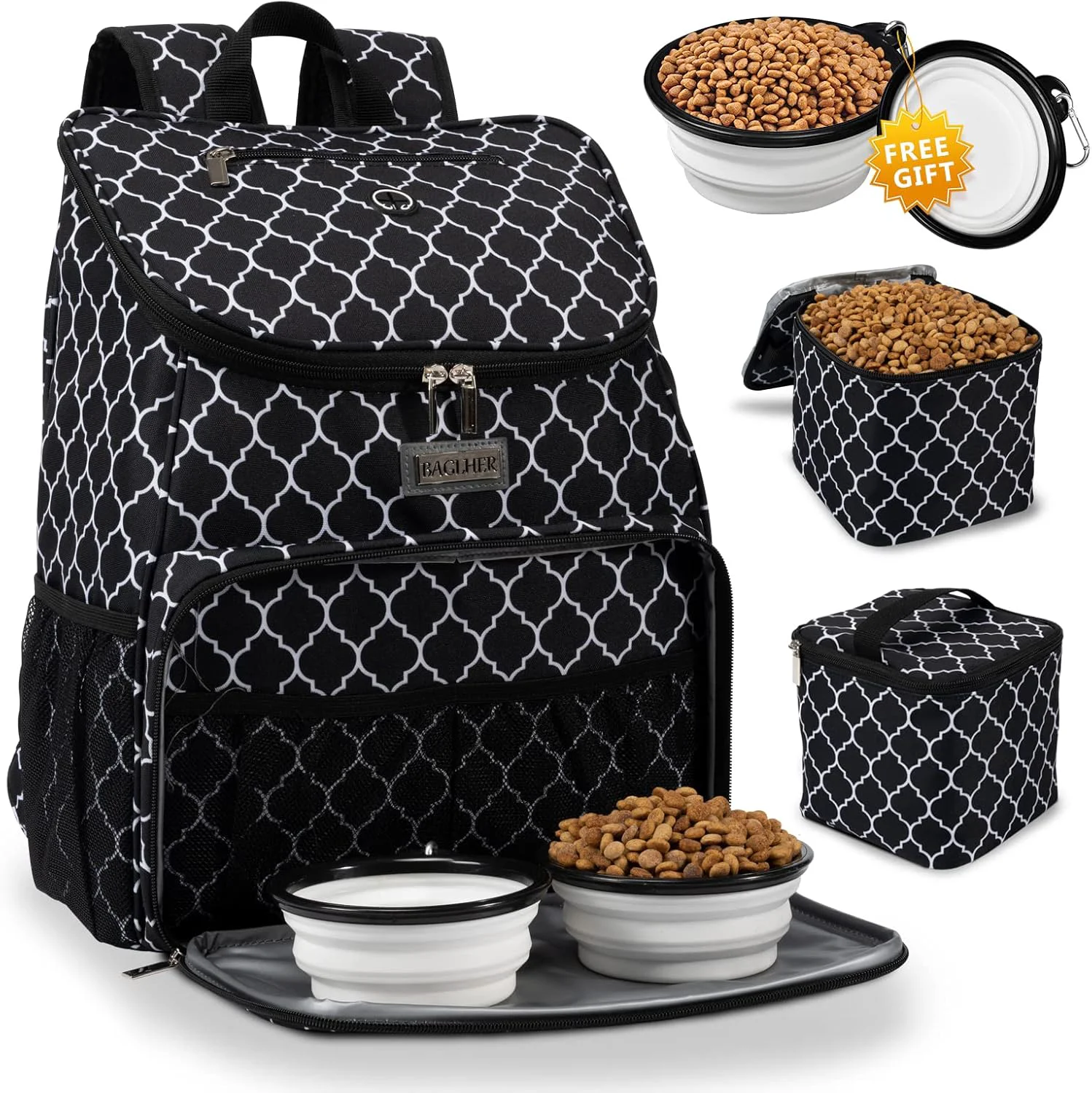 Official BAGLHER丨Dog Travel Bag Airline Pet Supplies Backpack Dog Travel Backpack with 2 Silicone Collapsible Bowls and 2 Food Baskets Breathable